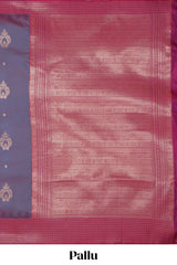 Dual tone teal blue and magenta kathan silk saree with contrast zari borders and motifs blouse