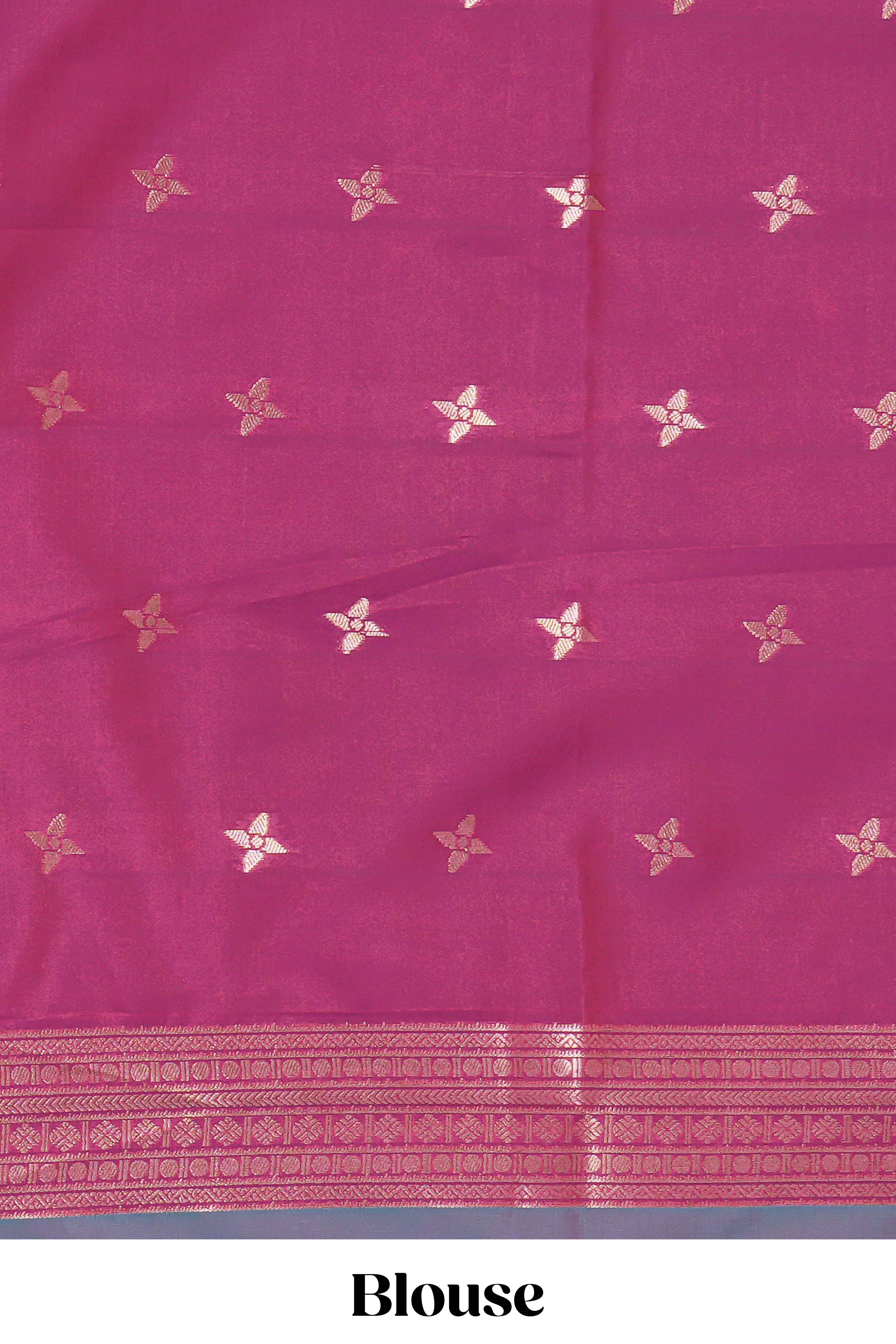 Dual tone teal blue and magenta kathan silk saree with contrast zari borders and motifs blouse