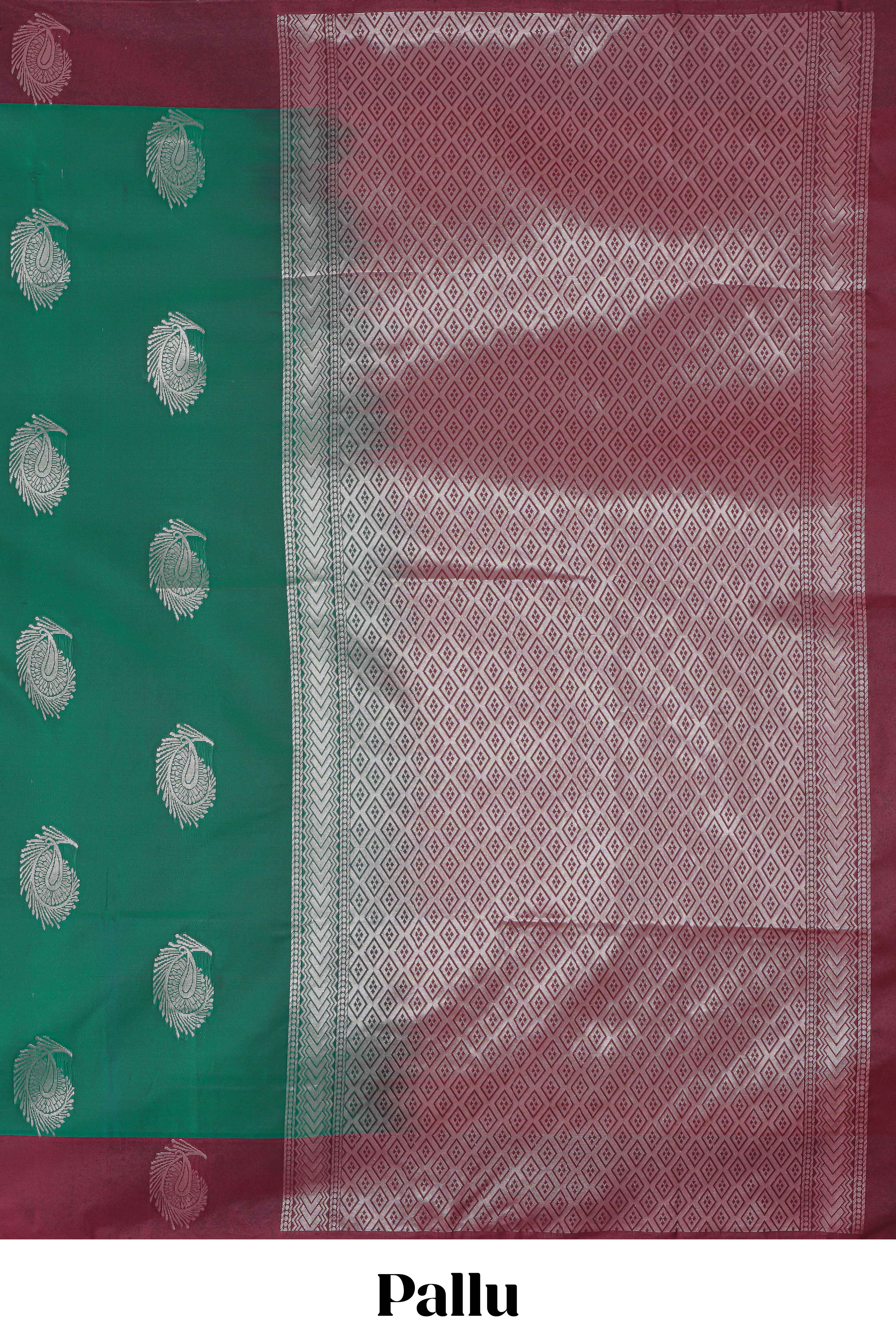 Green zari motifs design kathan silk saree with contrast zari borders and motifs blouse
