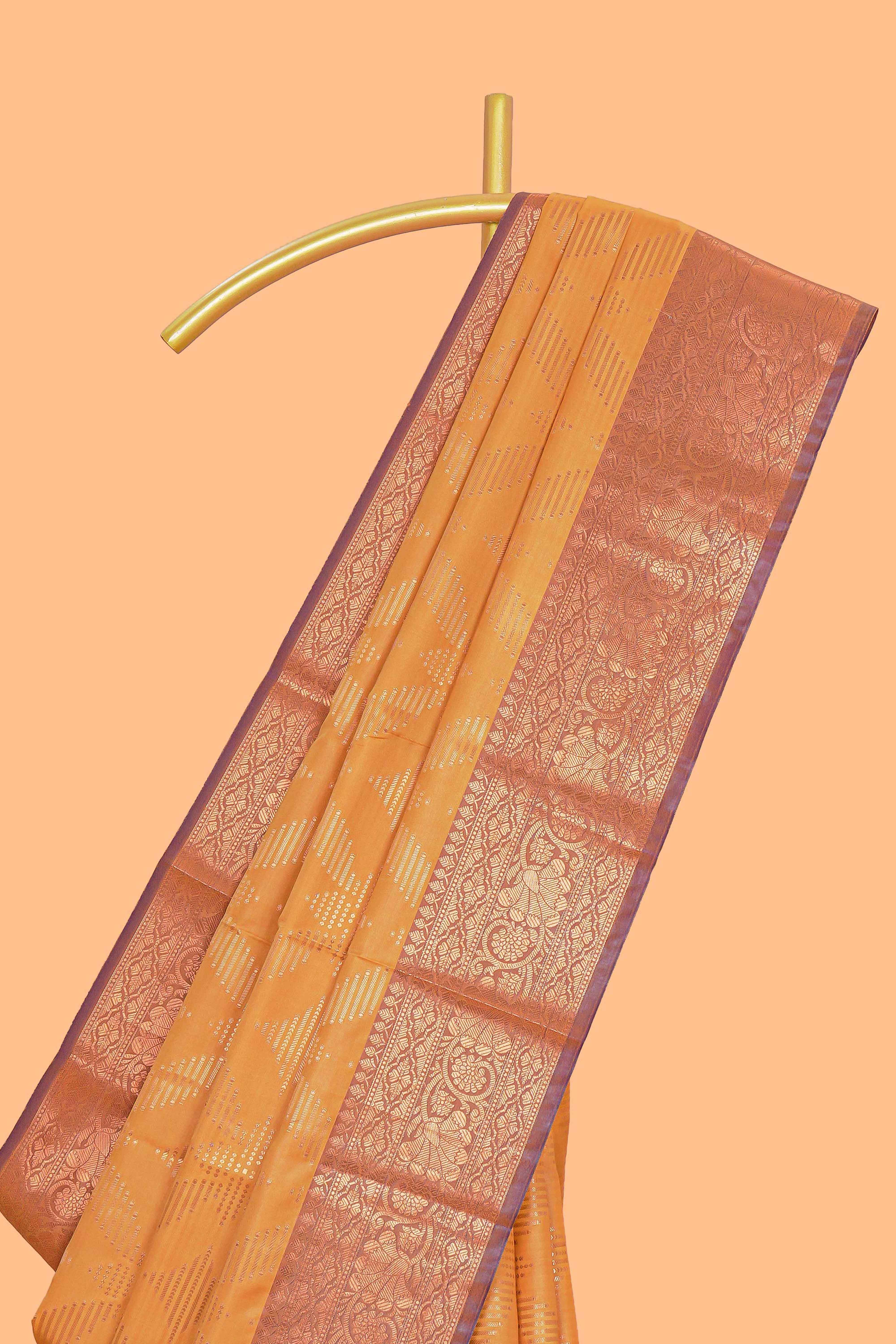 Orange geometric zari design kathan silk saree with contrast zari borders and embroidery blouse
