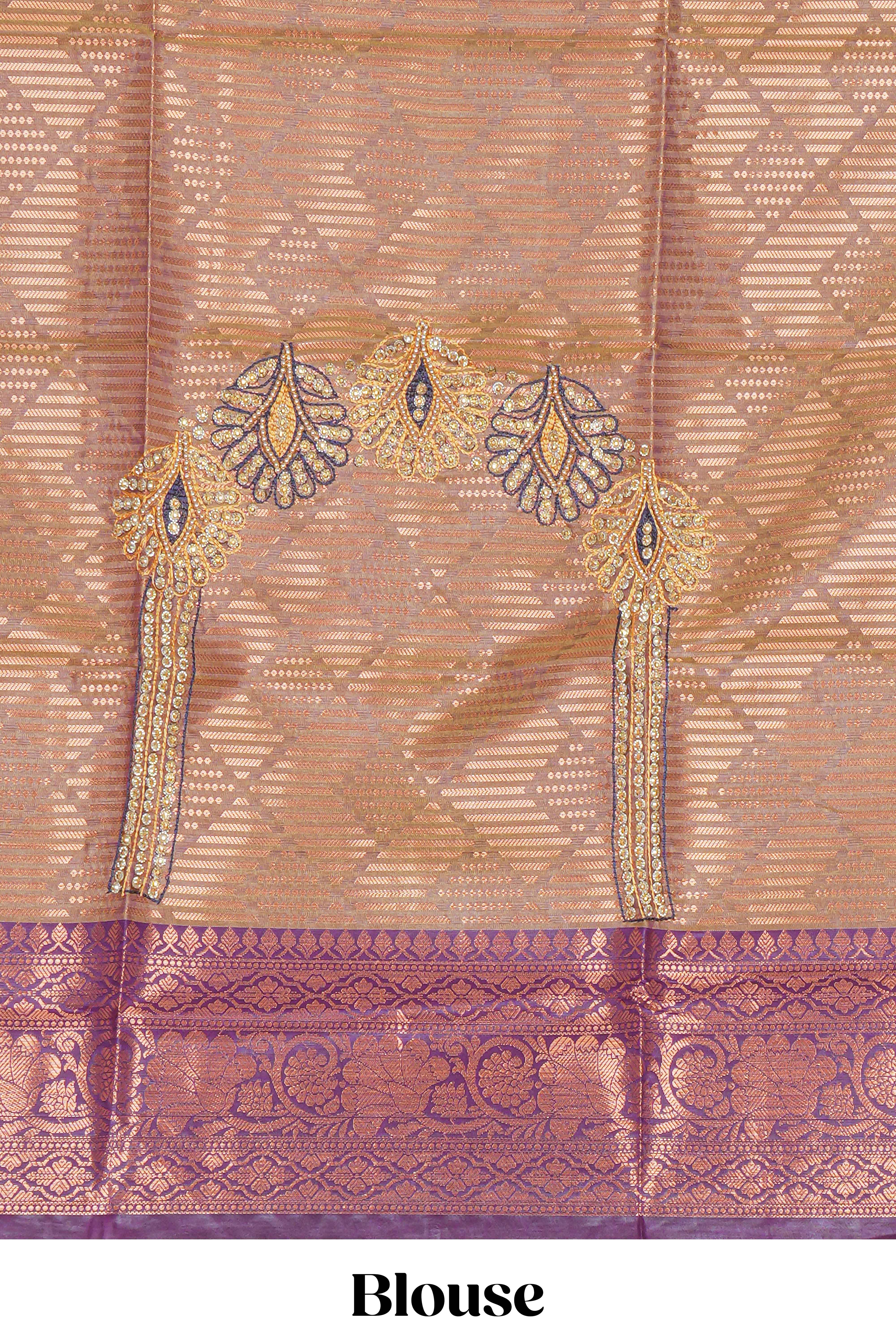 Orange geometric zari design kathan silk saree with contrast zari borders and embroidery blouse