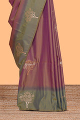 Deep ruby purple floral design kathan silk saree with contrast zari borders and motifs blouse
