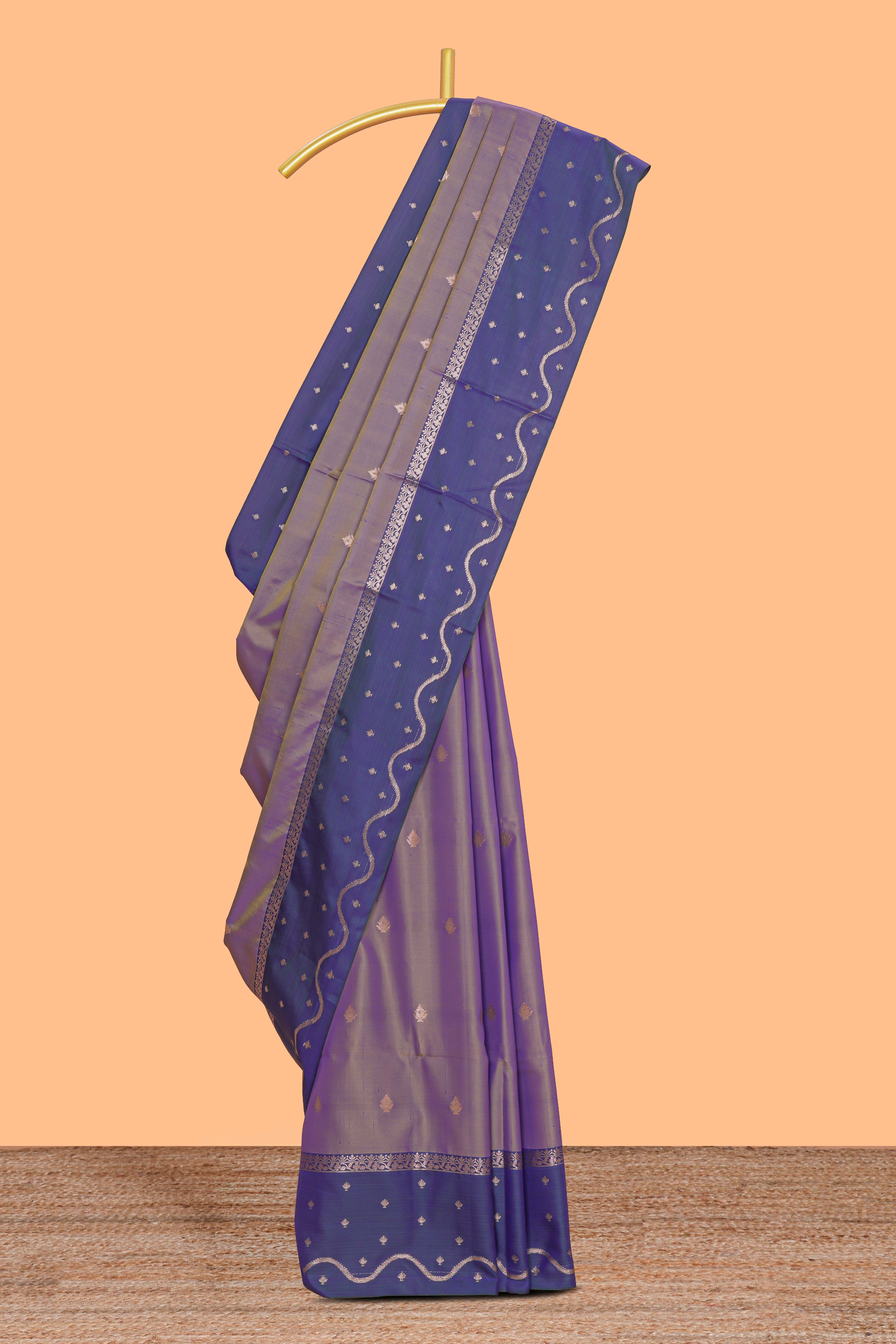 Lavender floral motifs design kathan silk saree with contrast zari borders and matching blouse