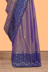 Lavender floral motifs design kathan silk saree with contrast zari borders and matching blouse
