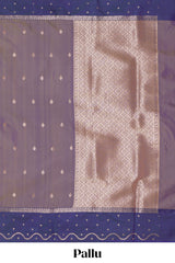 Lavender floral motifs design kathan silk saree with contrast zari borders and matching blouse