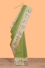 Green zari striped motifs design kathan silk saree with contrast floral vines & birds design borders and pallu