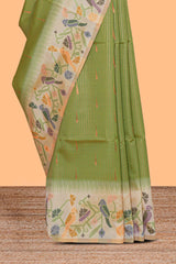 Green zari striped motifs design kathan silk saree with contrast floral vines & birds design borders and pallu