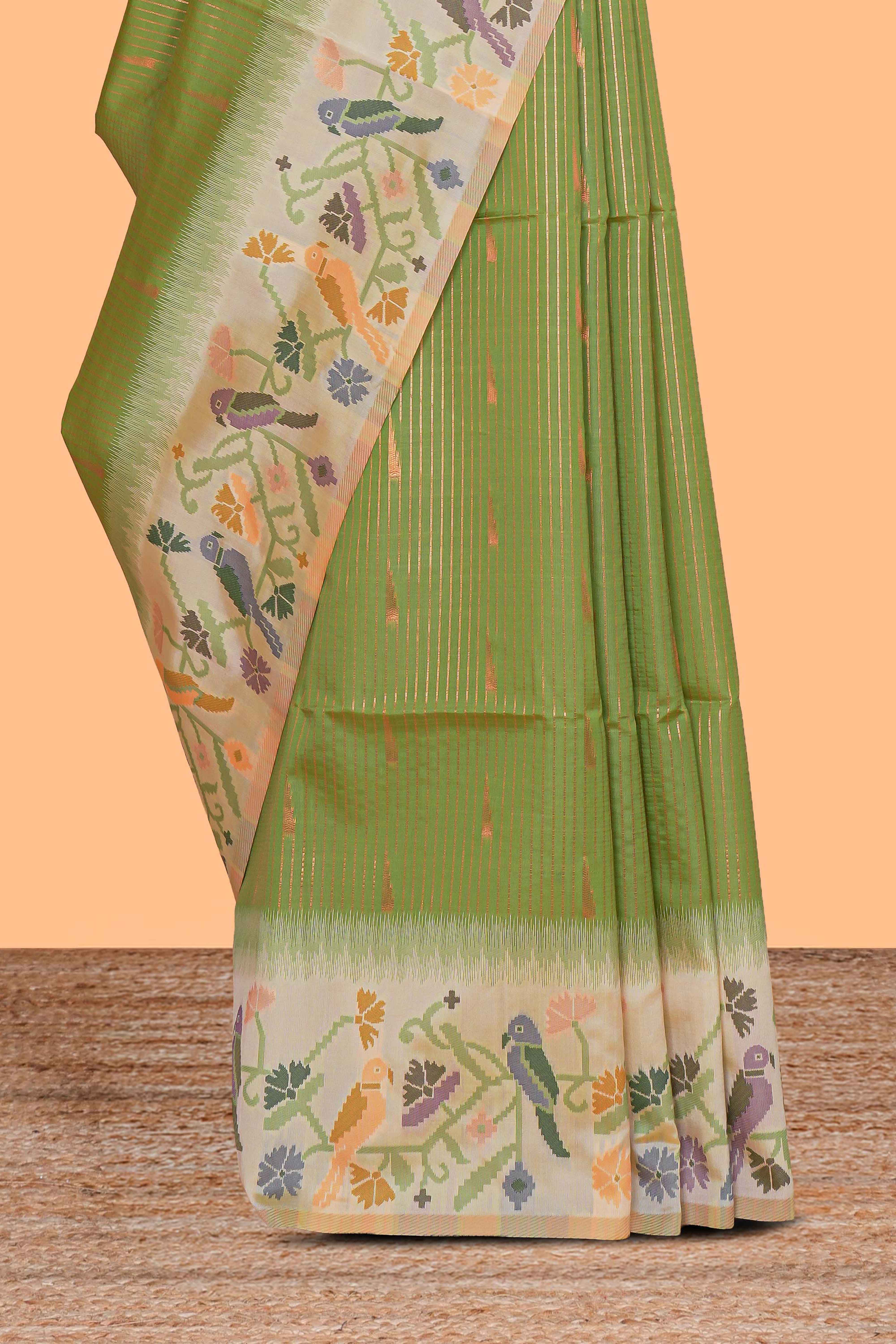 Green zari striped motifs design kathan silk saree with contrast floral vines & birds design borders and pallu