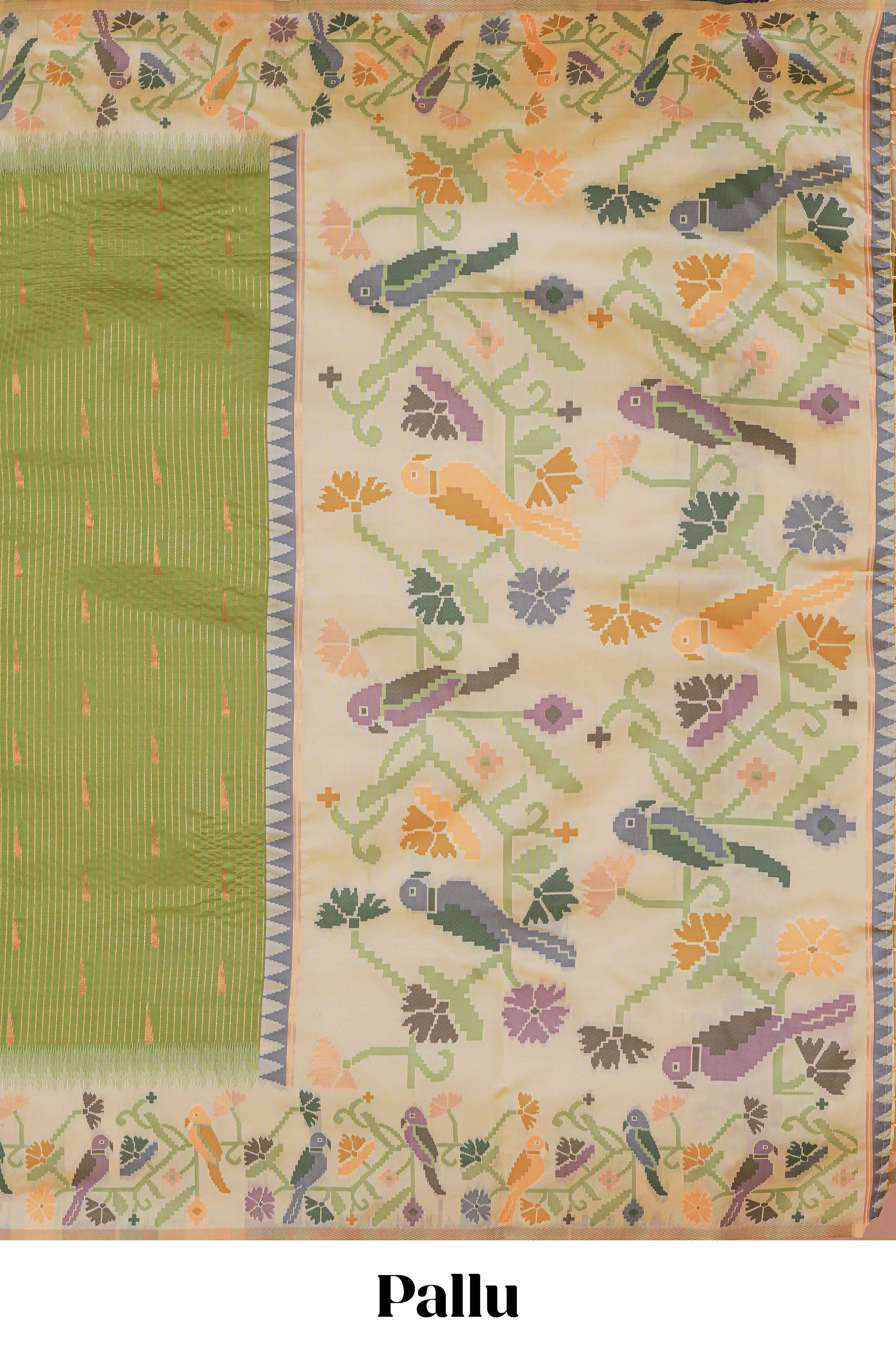 Green zari striped motifs design kathan silk saree with contrast floral vines & birds design borders and pallu