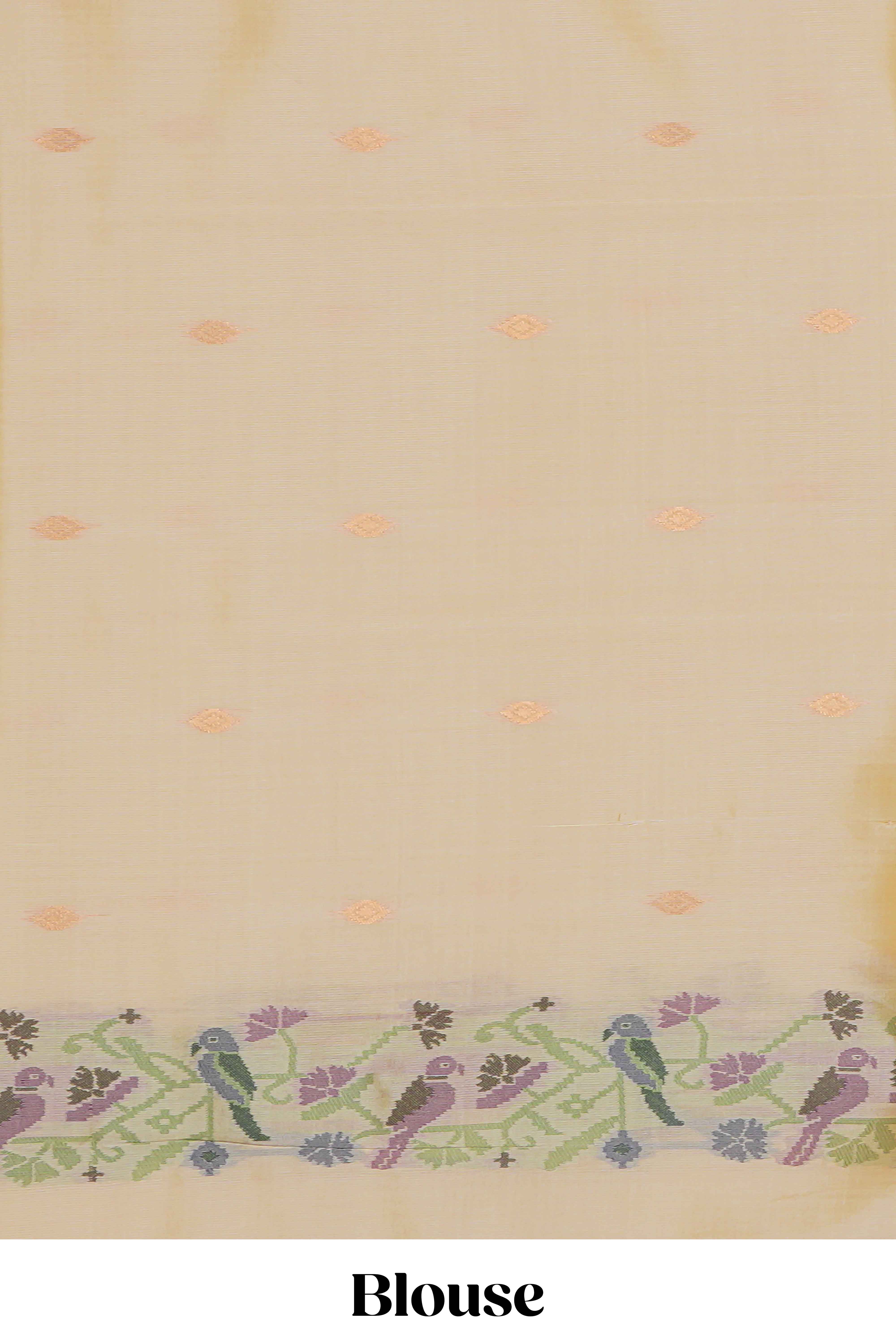 Green zari striped motifs design kathan silk saree with contrast floral vines & birds design borders and pallu