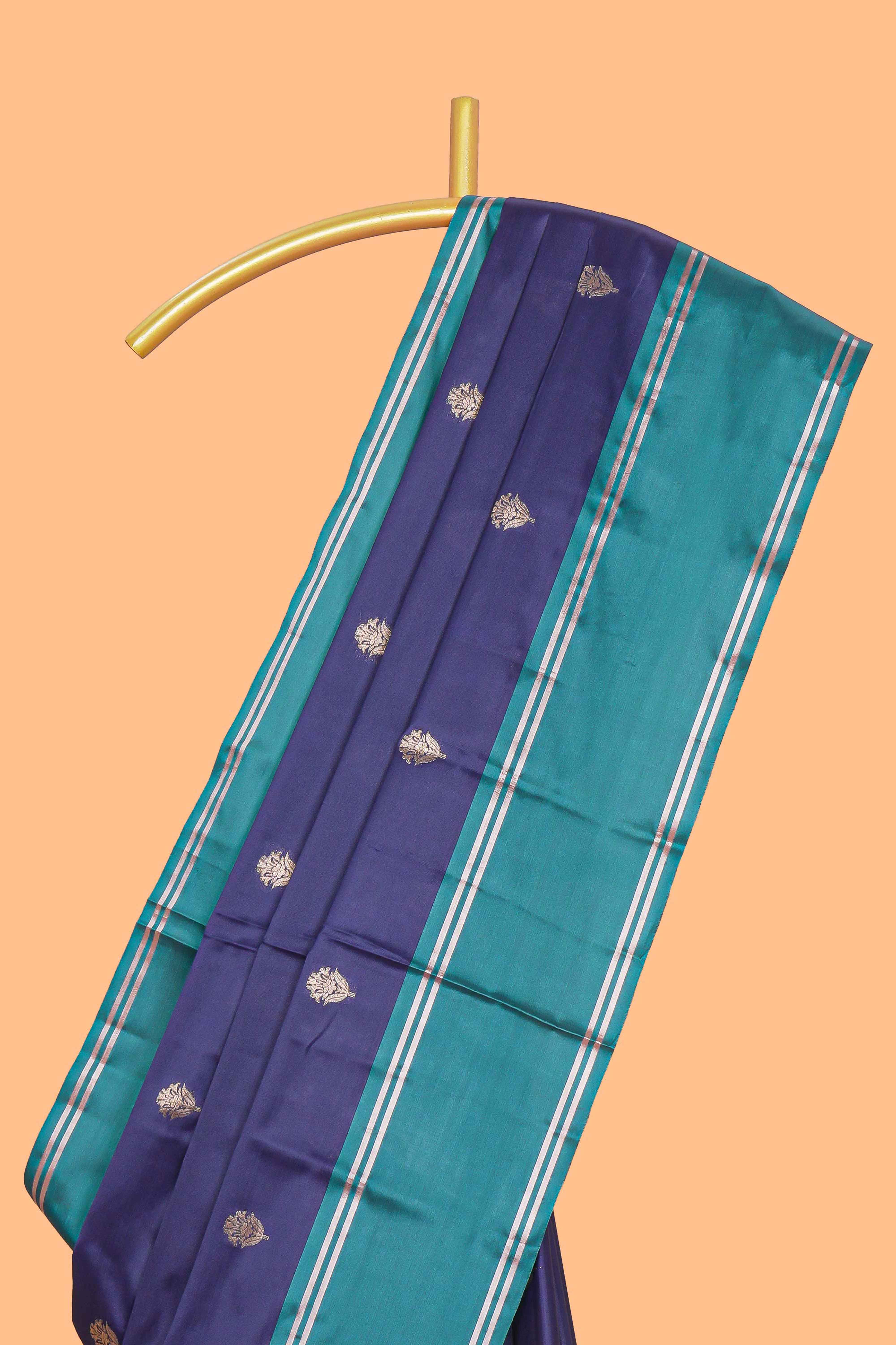 Blue floral zari motifs design kathan silk saree with contrast borders and zari pallu