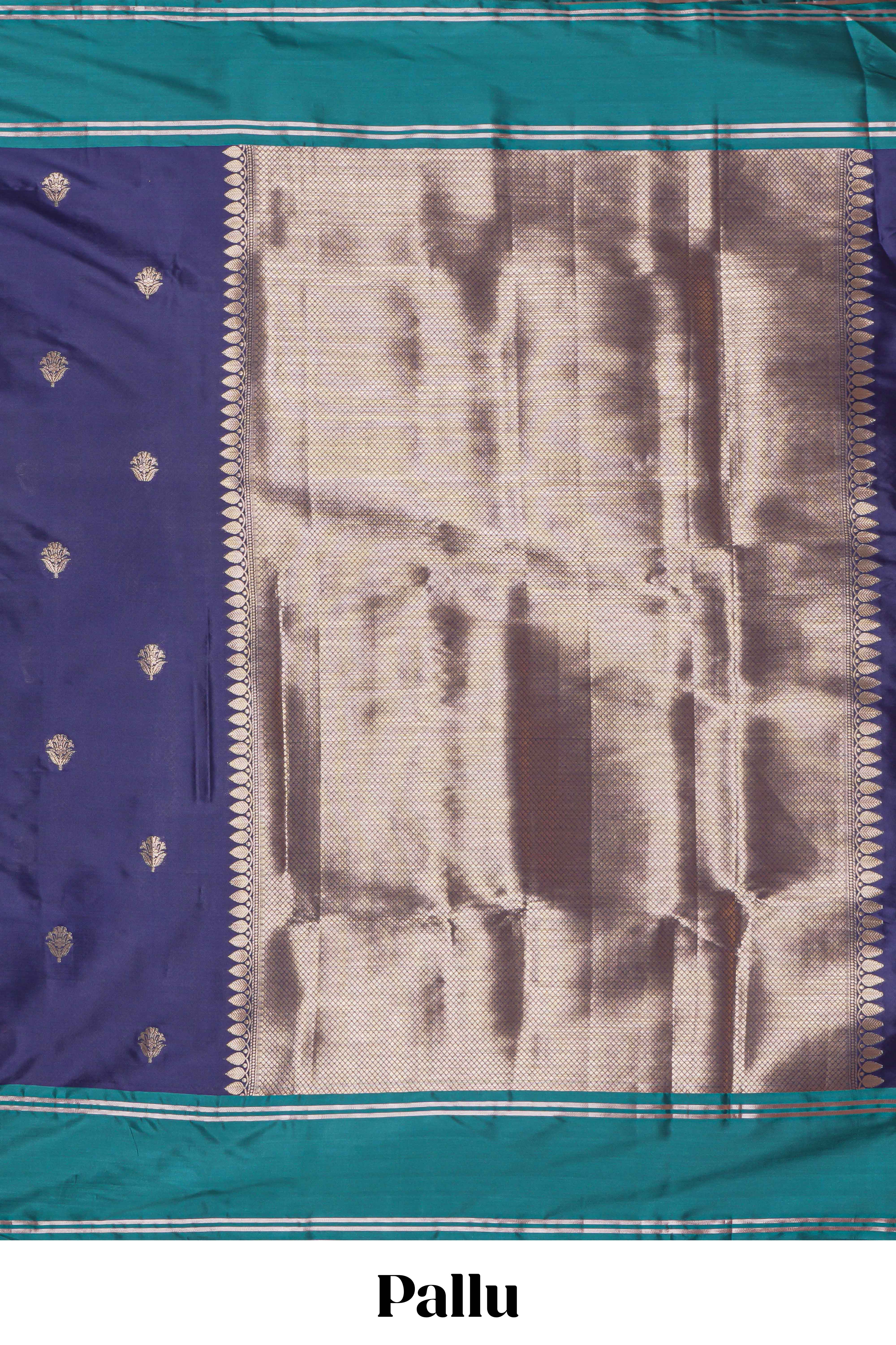 Blue floral zari motifs design kathan silk saree with contrast borders and zari pallu