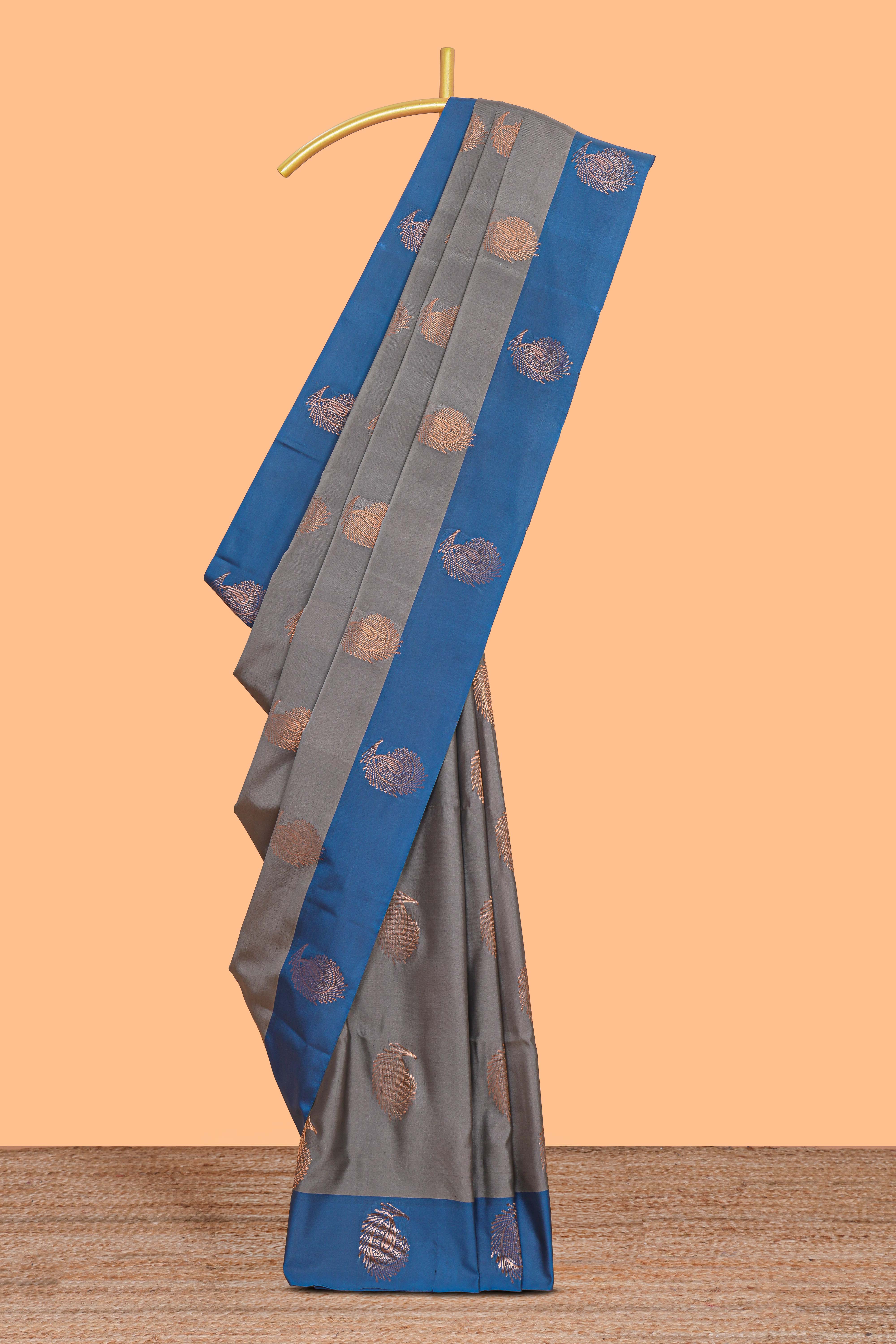 Grey zari motifs design kathan silk saree with contrast borders and plain blouse
