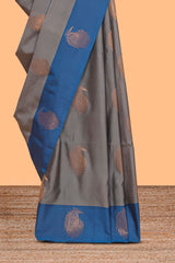 Grey zari motifs design kathan silk saree with contrast borders and plain blouse