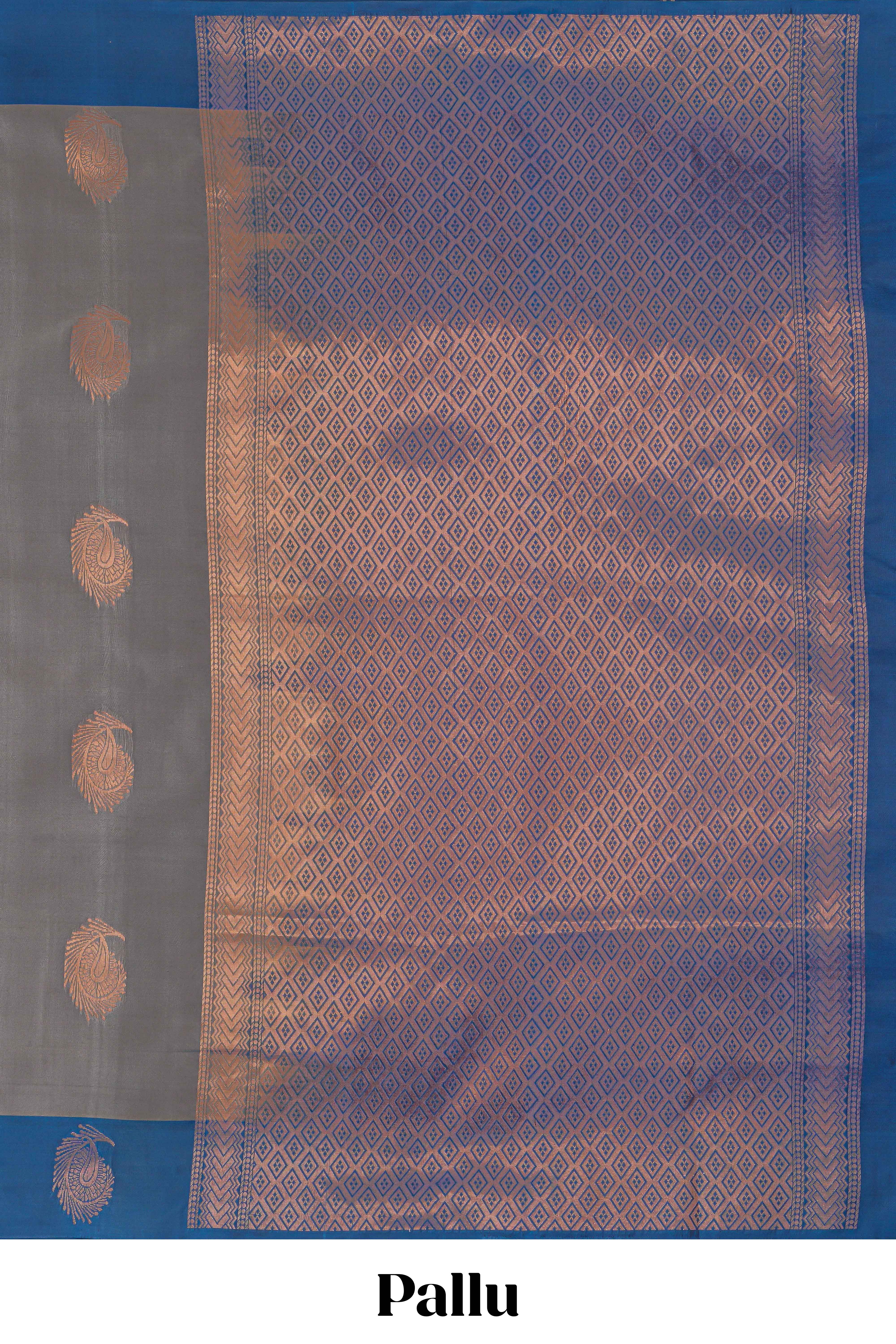 Grey zari motifs design kathan silk saree with contrast borders and plain blouse