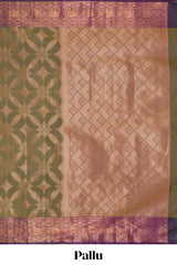 Green geometric zari design kathan silk saree with contrast zari borders and embroidery blouse