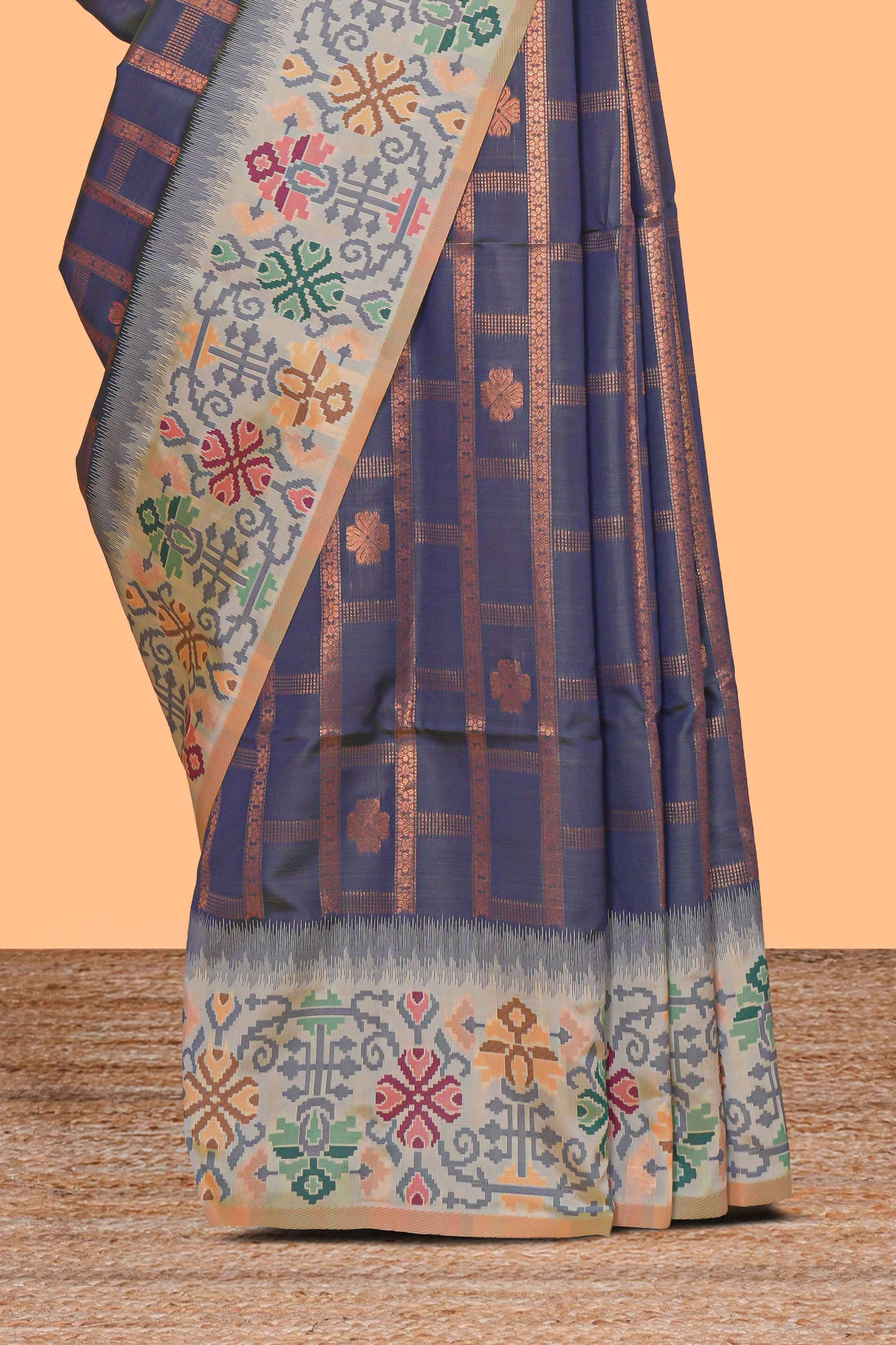 Grey geometric floral motifs zari design kathan silk saree with contrast zari borders and motifs blouse