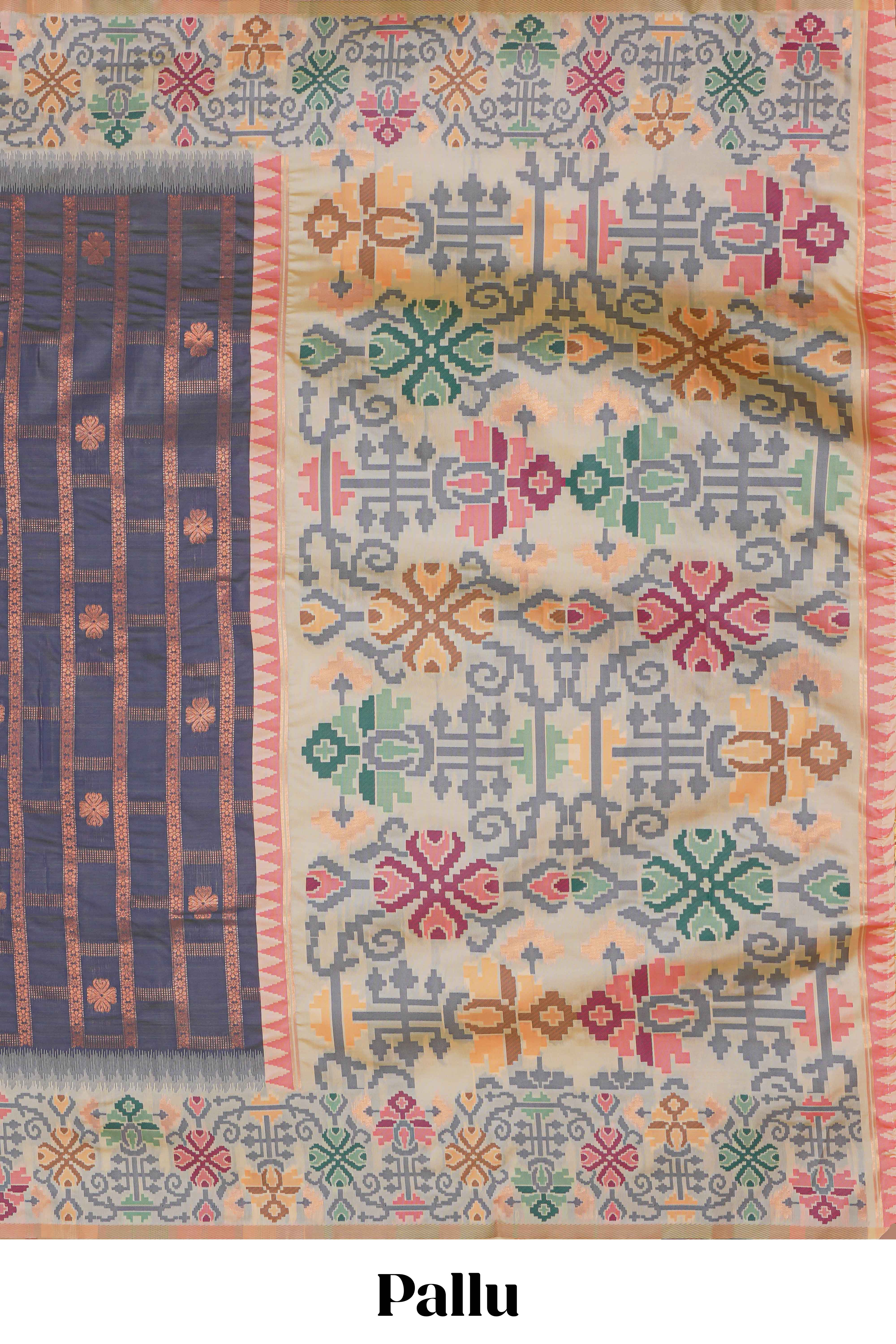 Grey geometric floral motifs zari design kathan silk saree with contrast zari borders and motifs blouse