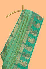 Green floral motifs zari design kathan silk saree with contrast zari borders and motifs blouse