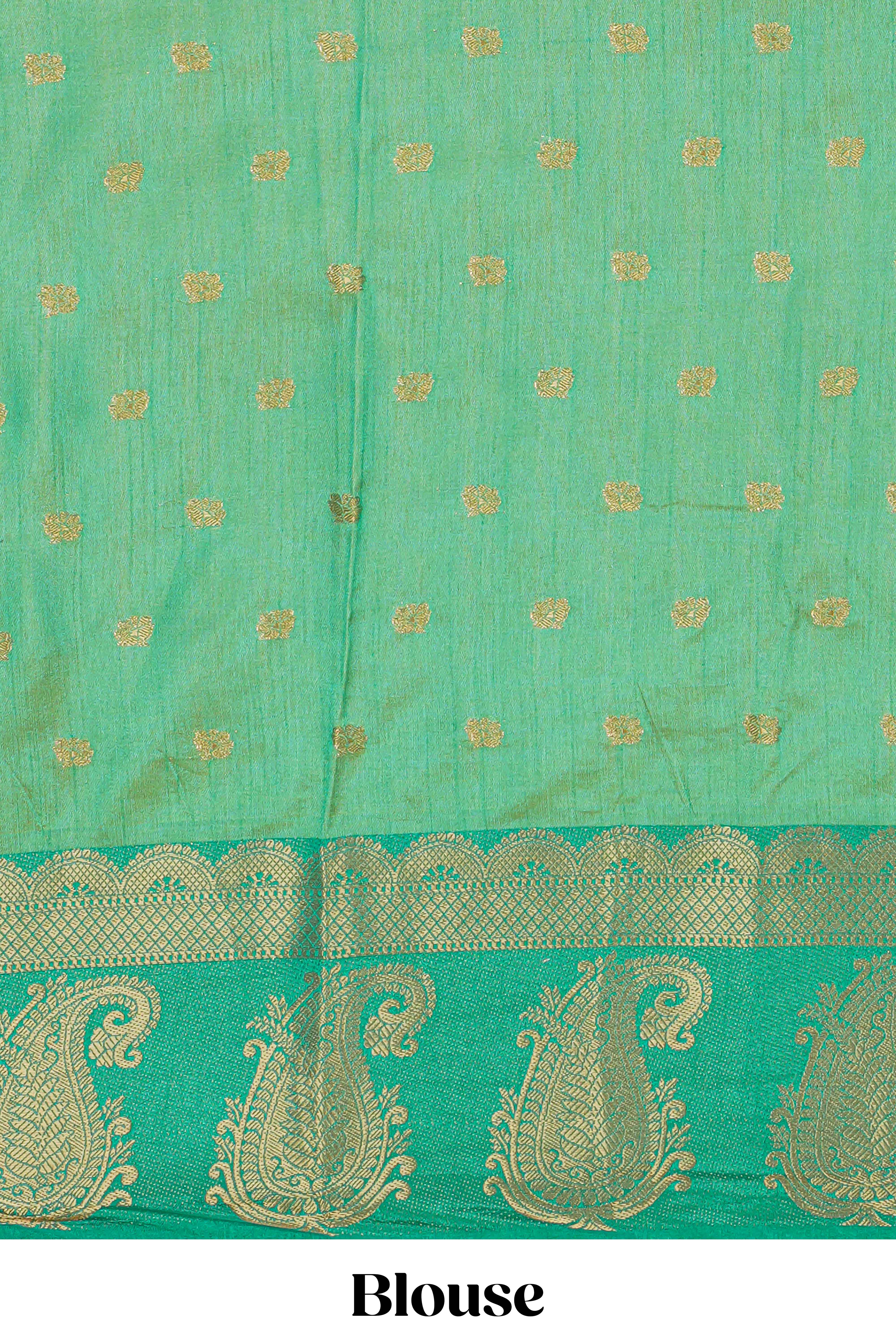 Green floral motifs zari design kathan silk saree with contrast zari borders and motifs blouse