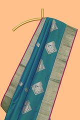 Green geometric motifs zari design kathan silk saree with contrast zari borders and motifs blouse