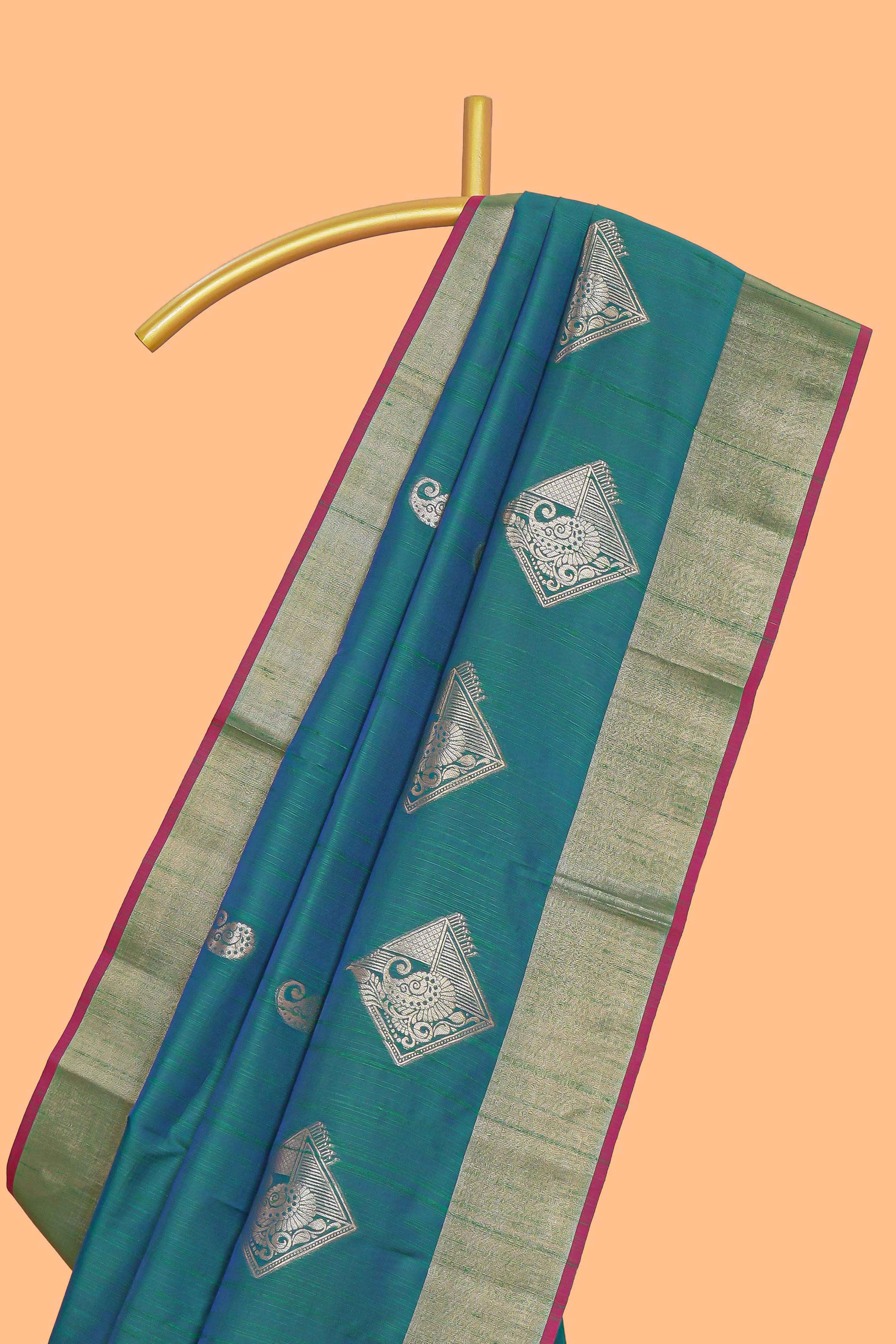 Green geometric motifs zari design kathan silk saree with contrast zari borders and motifs blouse
