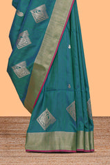 Green geometric motifs zari design kathan silk saree with contrast zari borders and motifs blouse