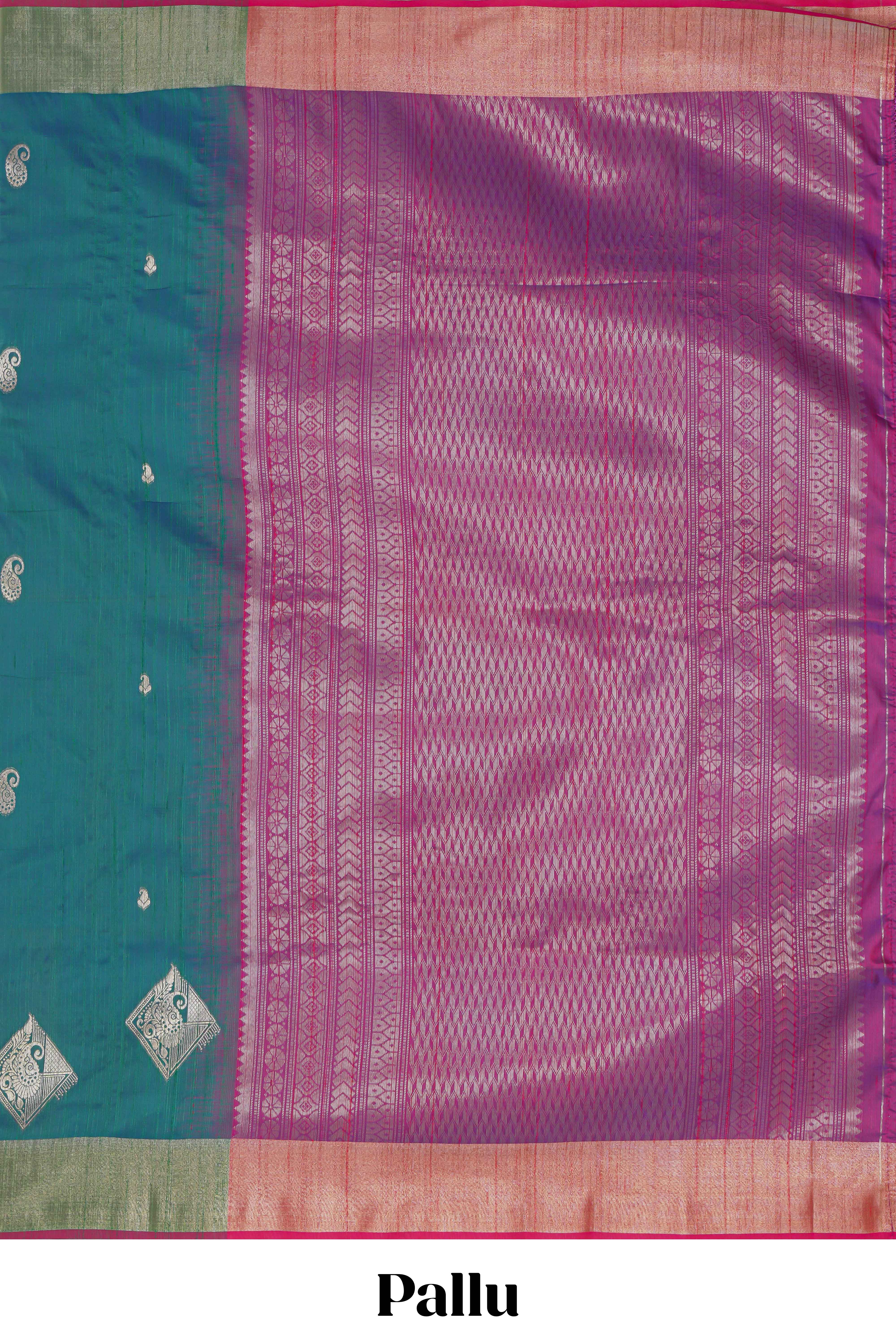 Green geometric motifs zari design kathan silk saree with contrast zari borders and motifs blouse