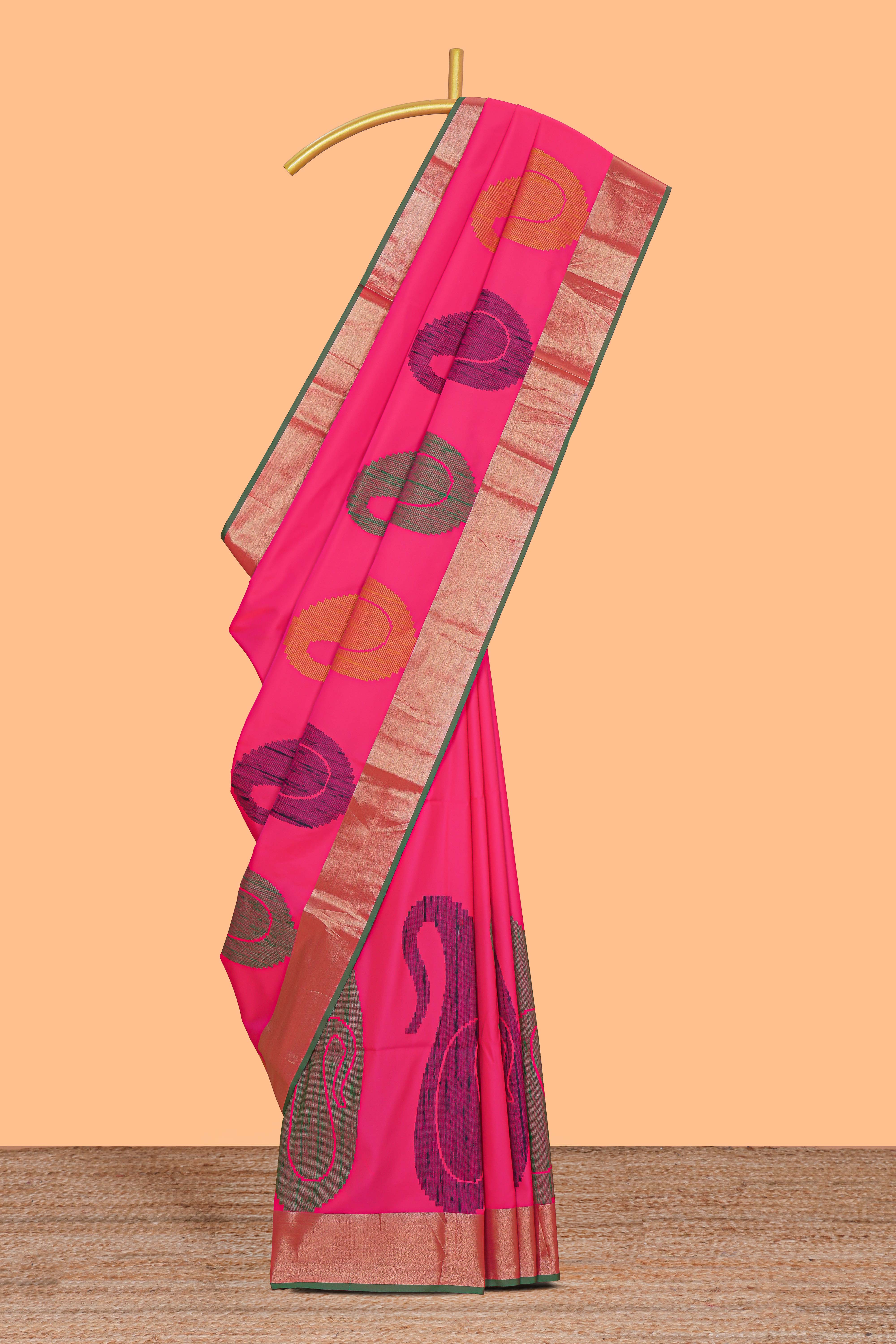Pink motifs zari design kathan silk saree with contrast zari borders and motifs blouse