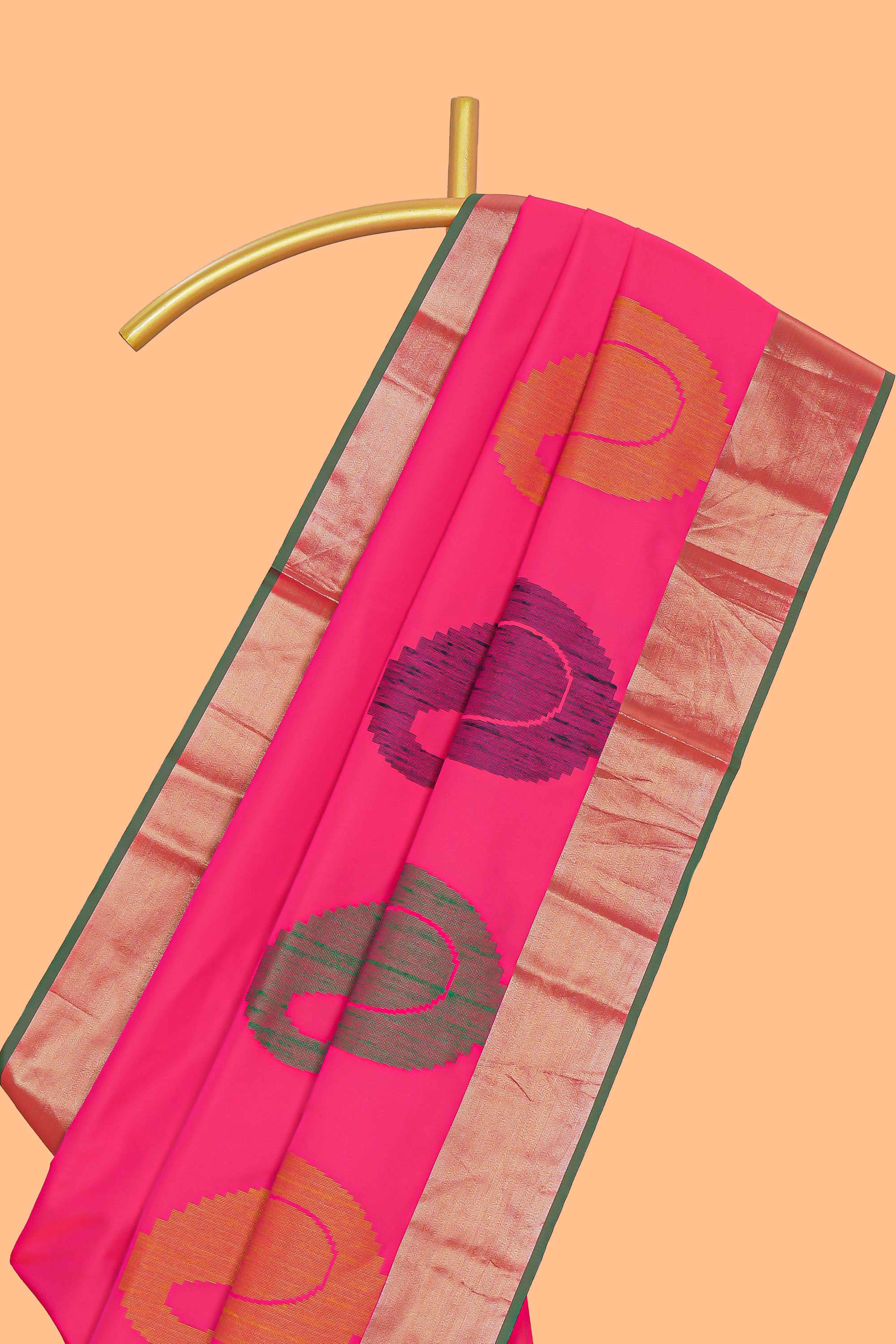 Pink motifs zari design kathan silk saree with contrast zari borders and motifs blouse
