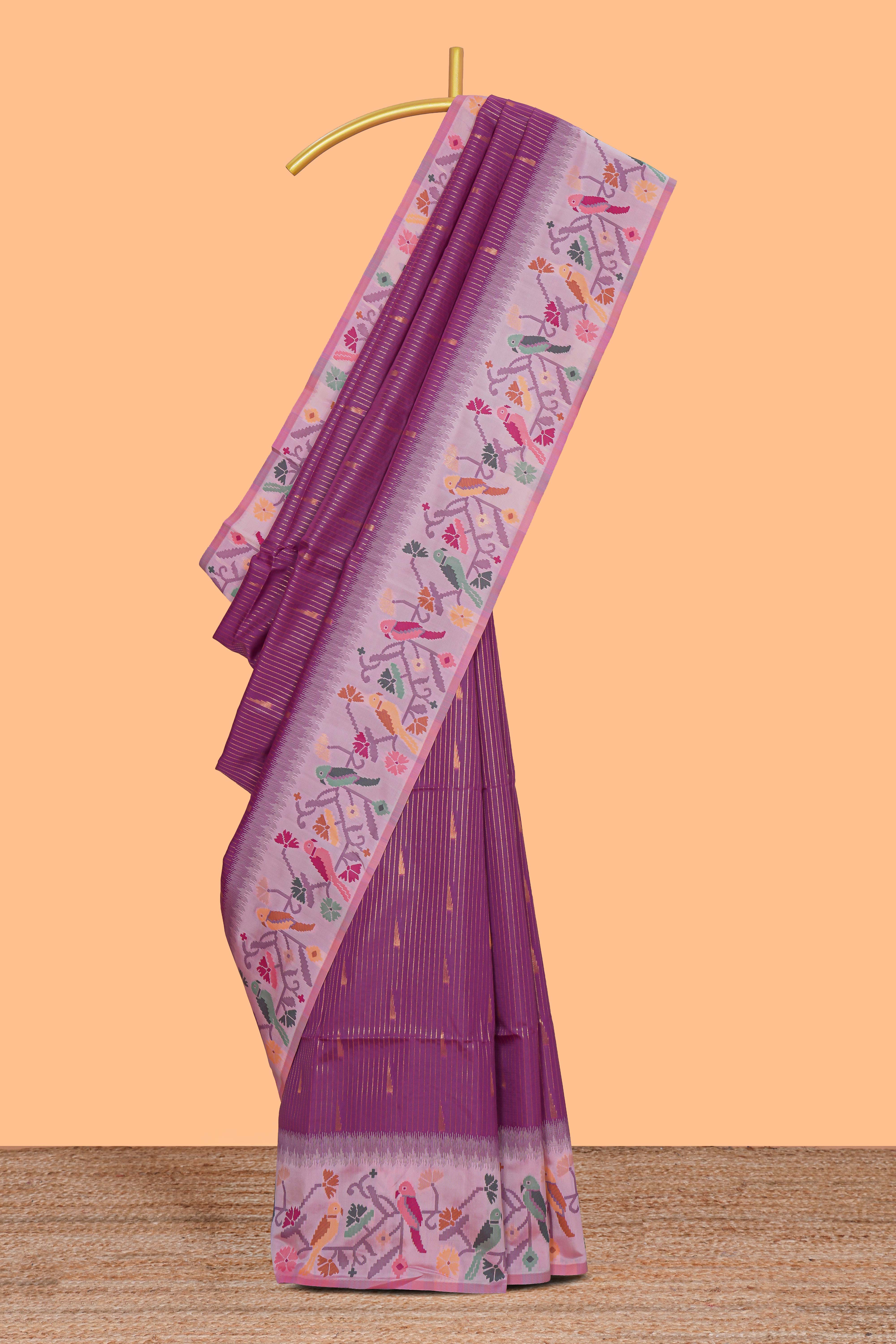 Purple zari striped design kathan silk saree with contrast zari borders and motifs blouse