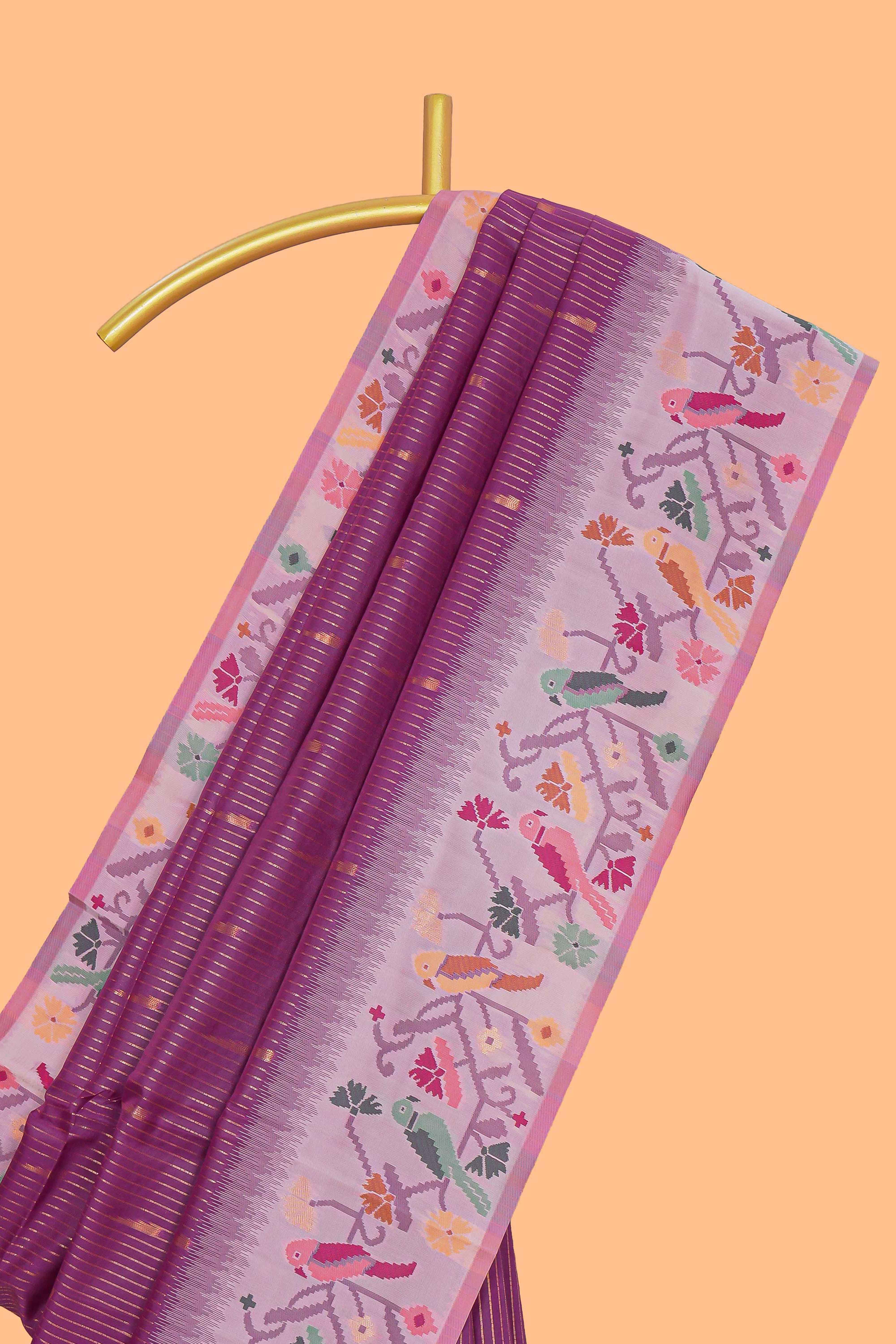 Purple zari striped design kathan silk saree with contrast zari borders and motifs blouse