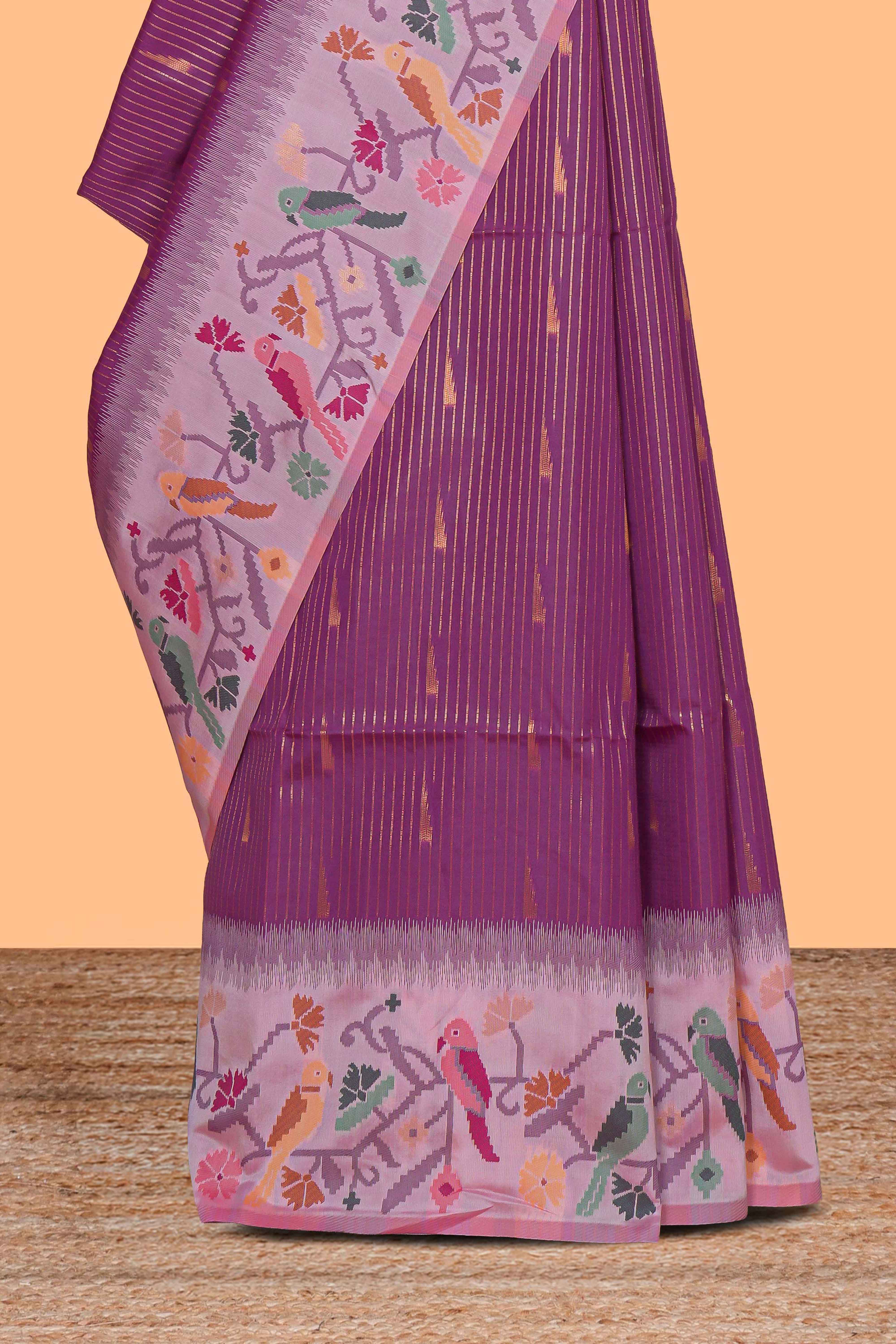 Purple zari striped design kathan silk saree with contrast zari borders and motifs blouse