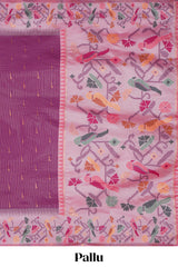 Purple zari striped design kathan silk saree with contrast zari borders and motifs blouse
