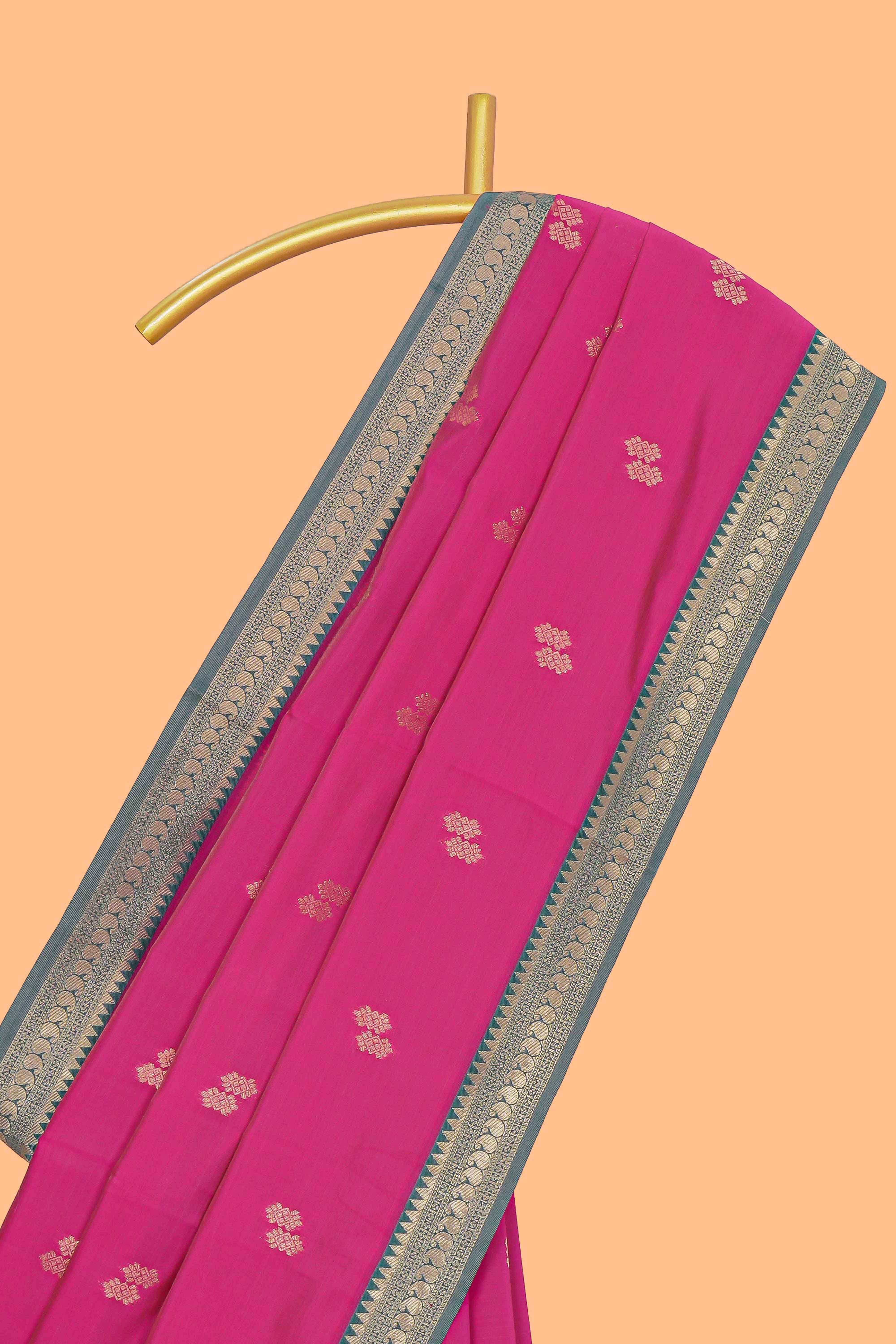 Pink zari motifs design kathan silk saree with contrast zari borders and blouse