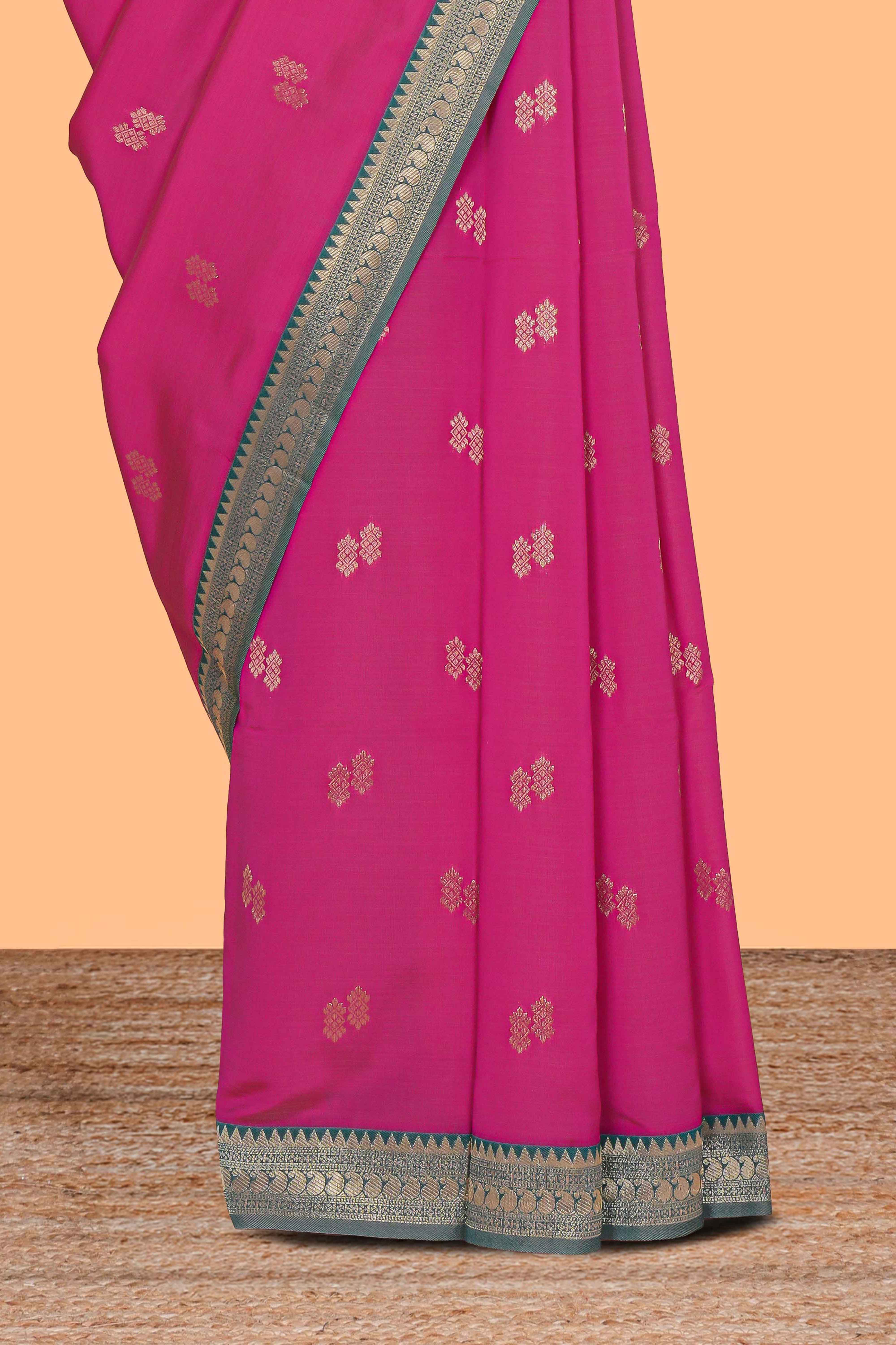 Pink zari motifs design kathan silk saree with contrast zari borders and blouse