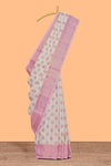 Cream zari motifs design kathan silk saree with contrast zari borders and blouse