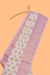 Cream zari motifs design kathan silk saree with contrast zari borders and blouse