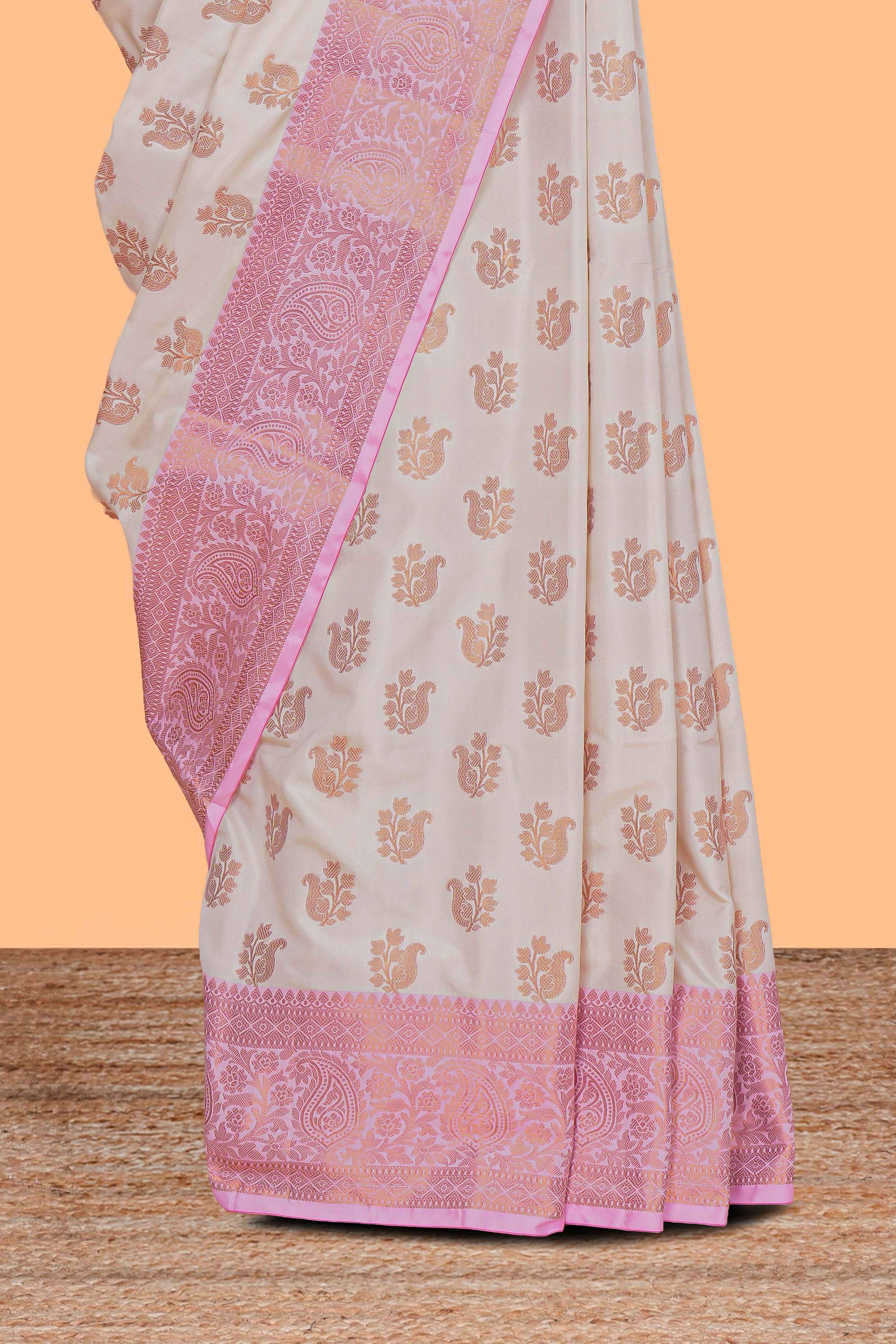 Cream zari motifs design kathan silk saree with contrast zari borders and blouse