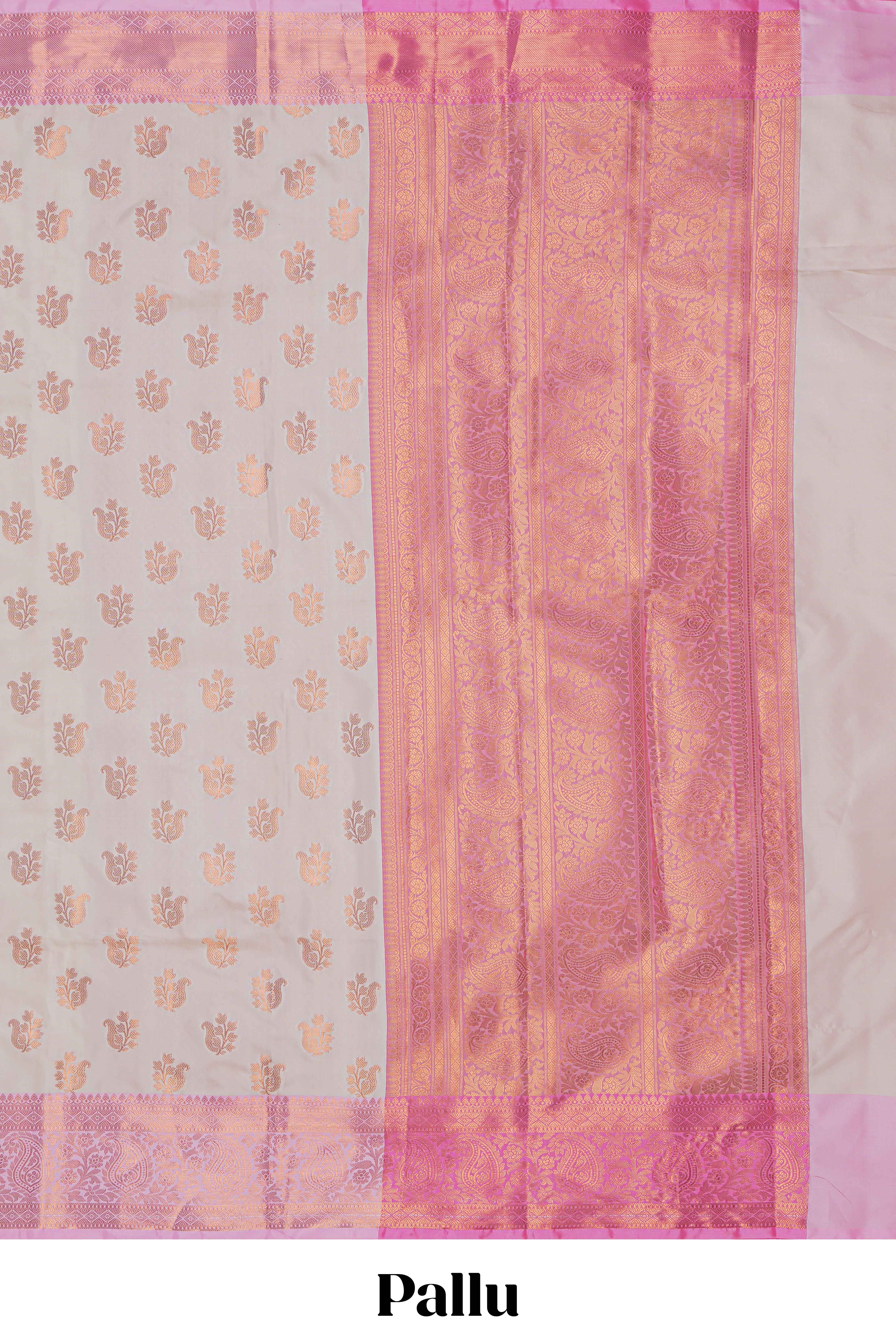 Cream zari motifs design kathan silk saree with contrast zari borders and blouse