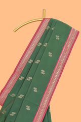 Green zari motifs design kathan silk saree with contrast zari borders and blouse