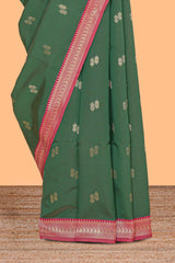 Green zari motifs design kathan silk saree with contrast zari borders and blouse