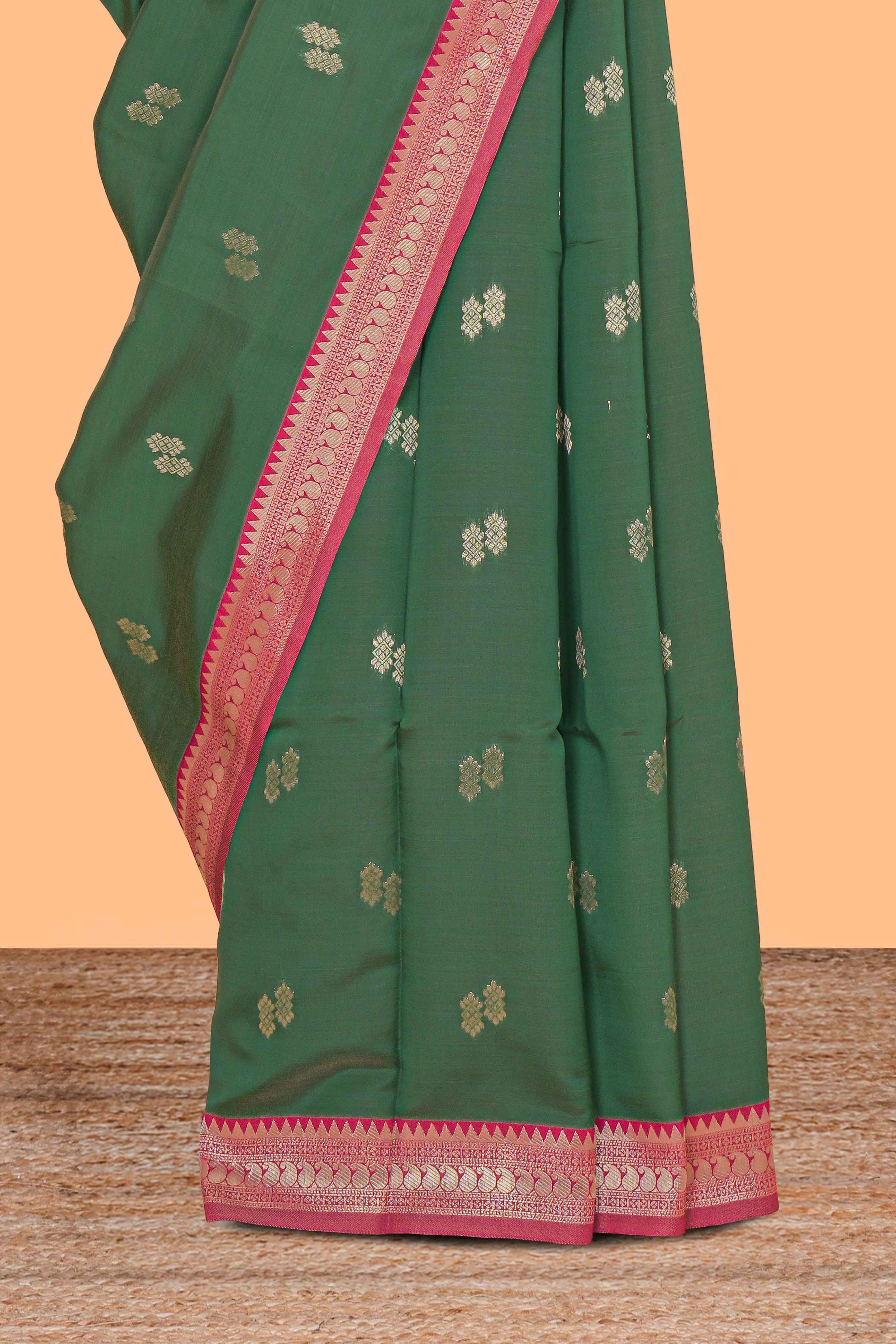 Green zari motifs design kathan silk saree with contrast zari borders and blouse