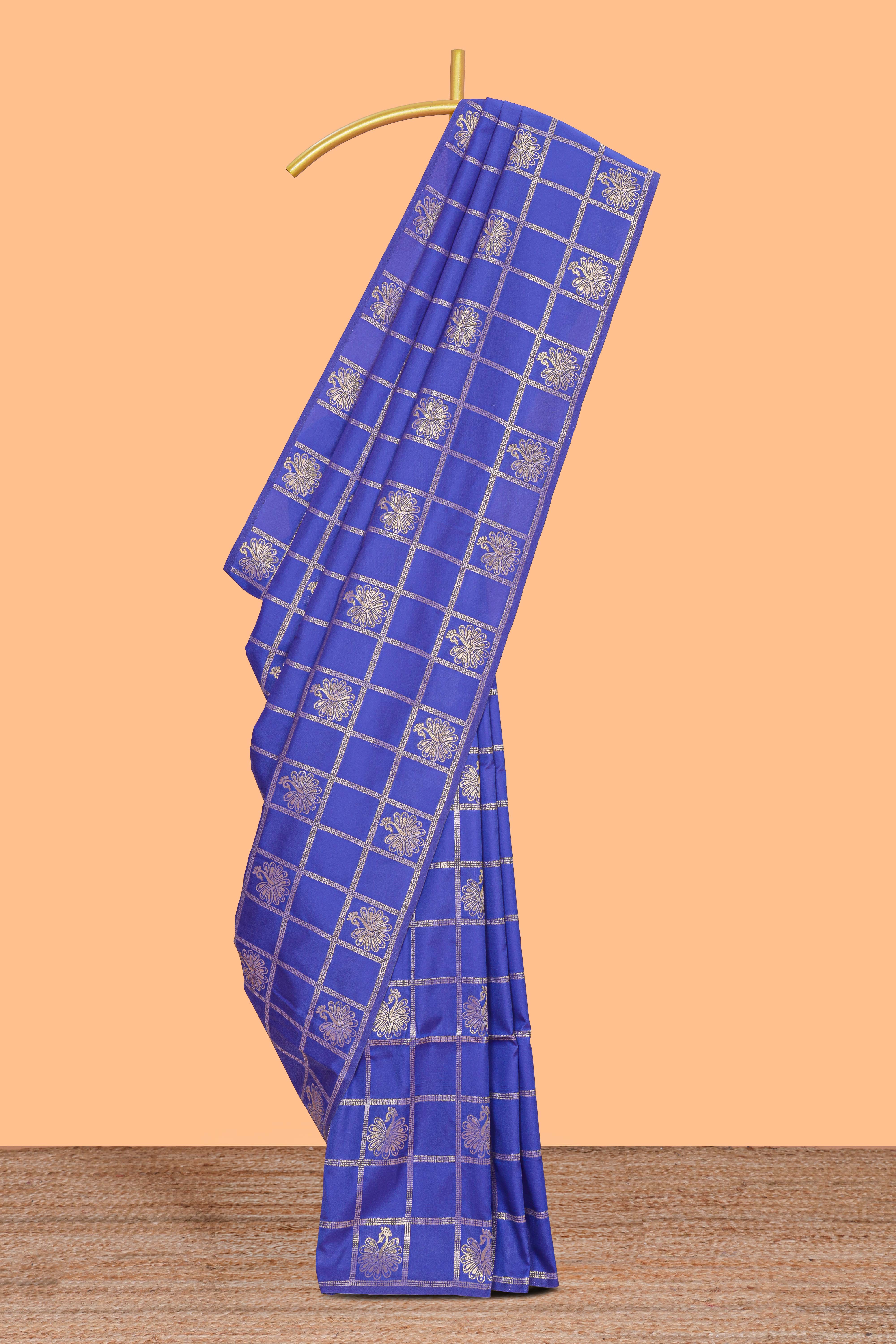Borderless blue zari checked motifs design kathan silk saree with self zari borders and matching blouse
