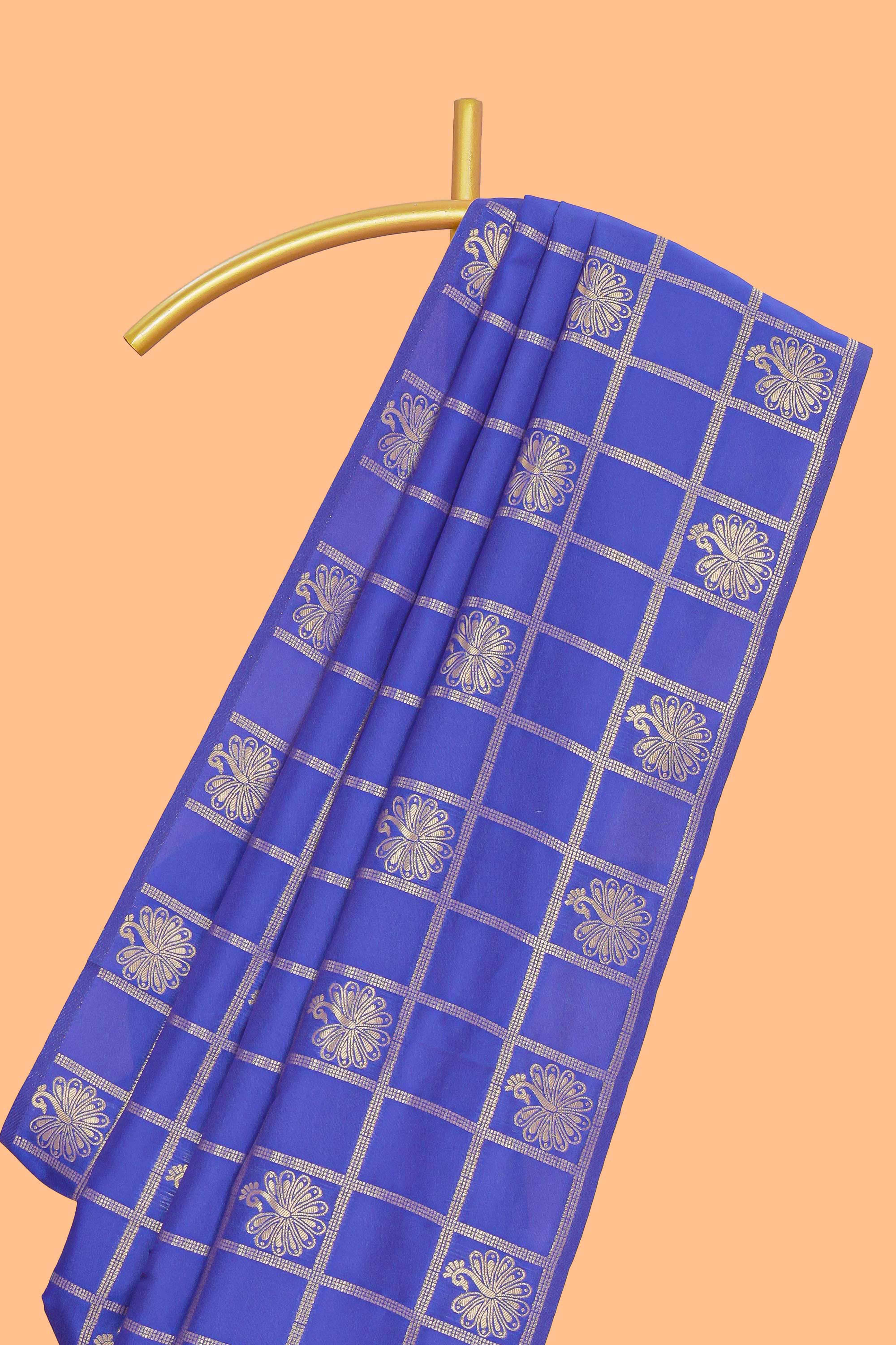 Borderless blue zari checked motifs design kathan silk saree with self zari borders and matching blouse