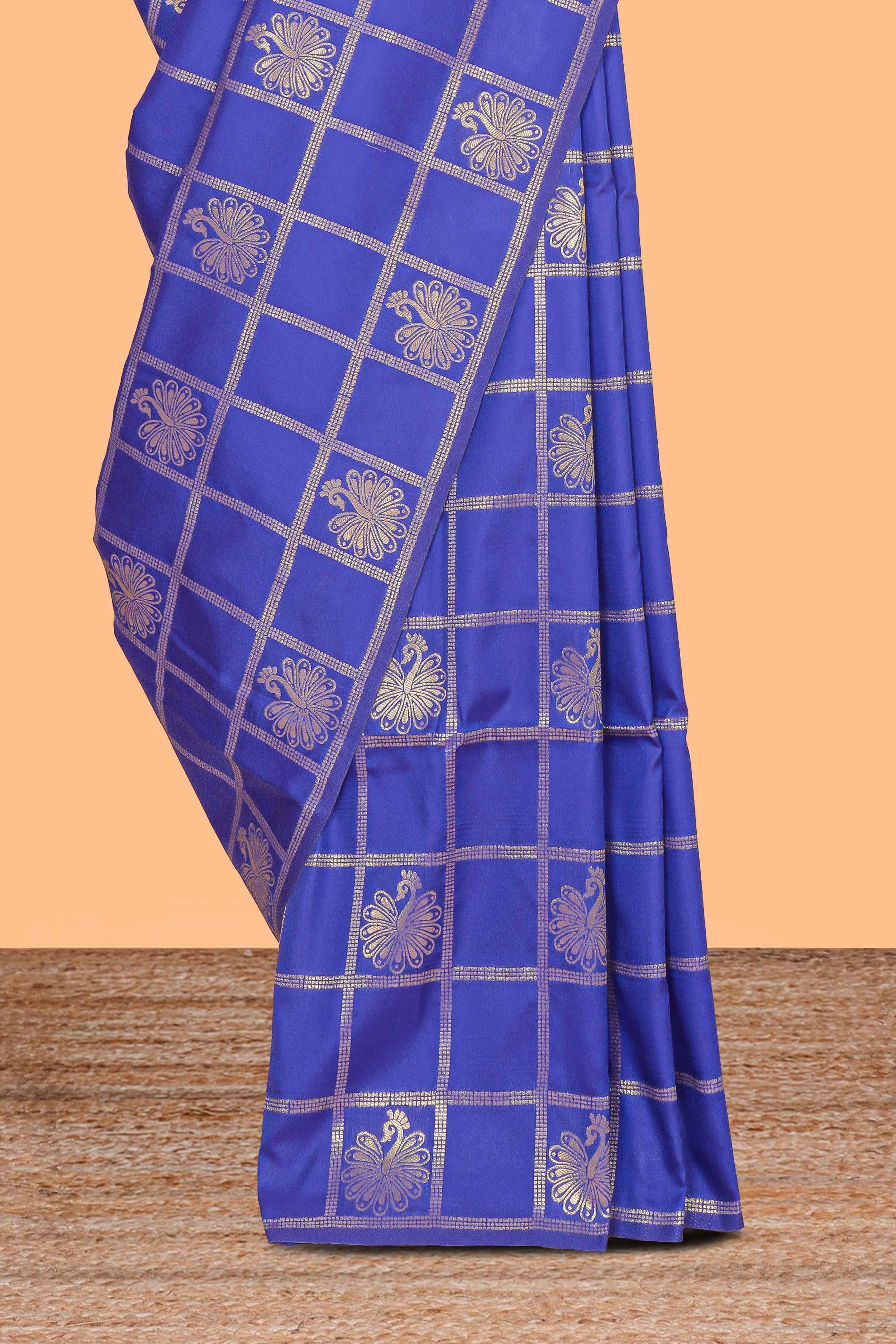 Borderless blue zari checked motifs design kathan silk saree with self zari borders and matching blouse