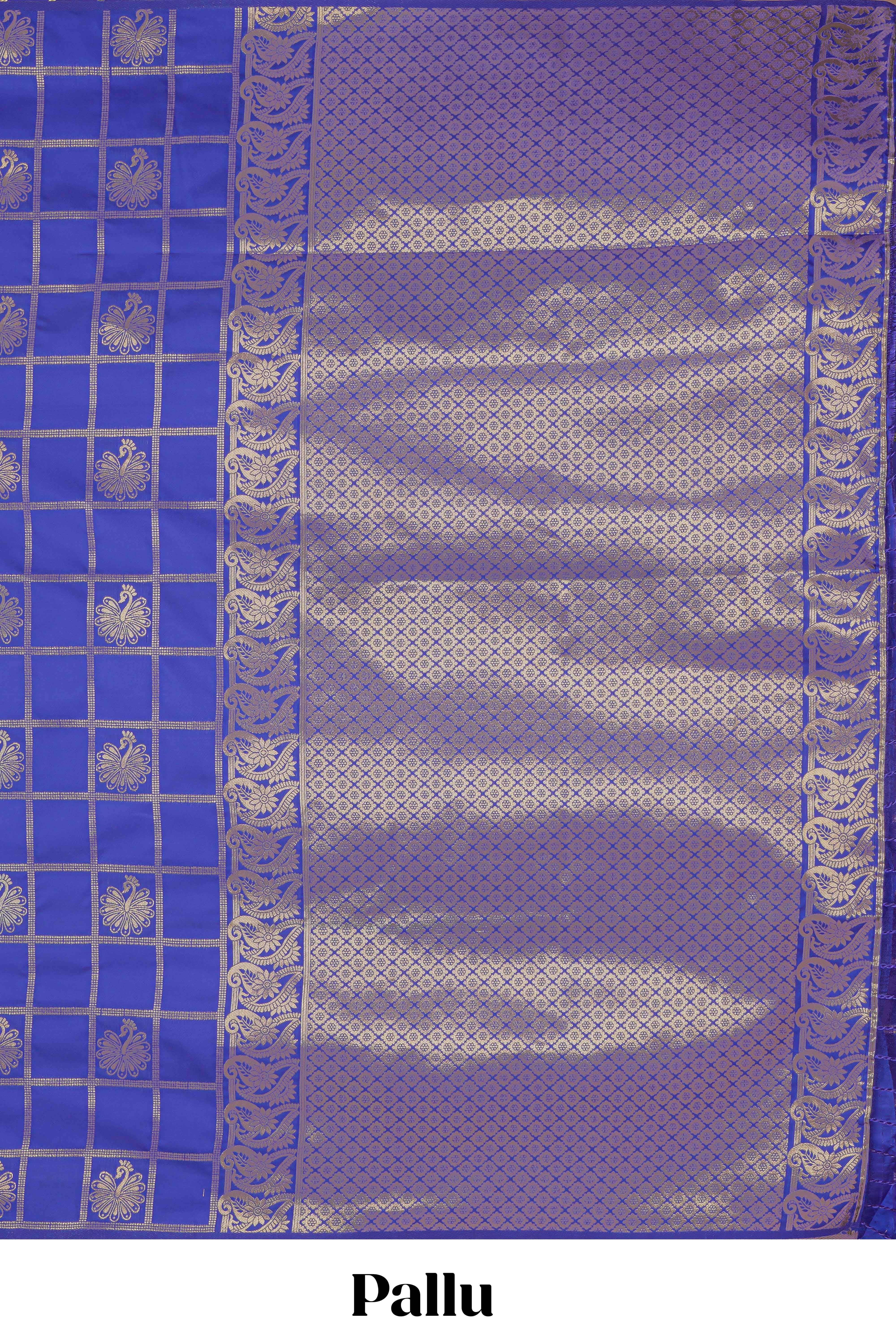 Borderless blue zari checked motifs design kathan silk saree with self zari borders and matching blouse