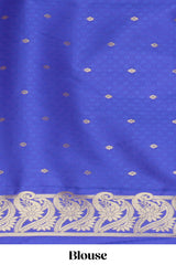 Borderless blue zari checked motifs design kathan silk saree with self zari borders and matching blouse