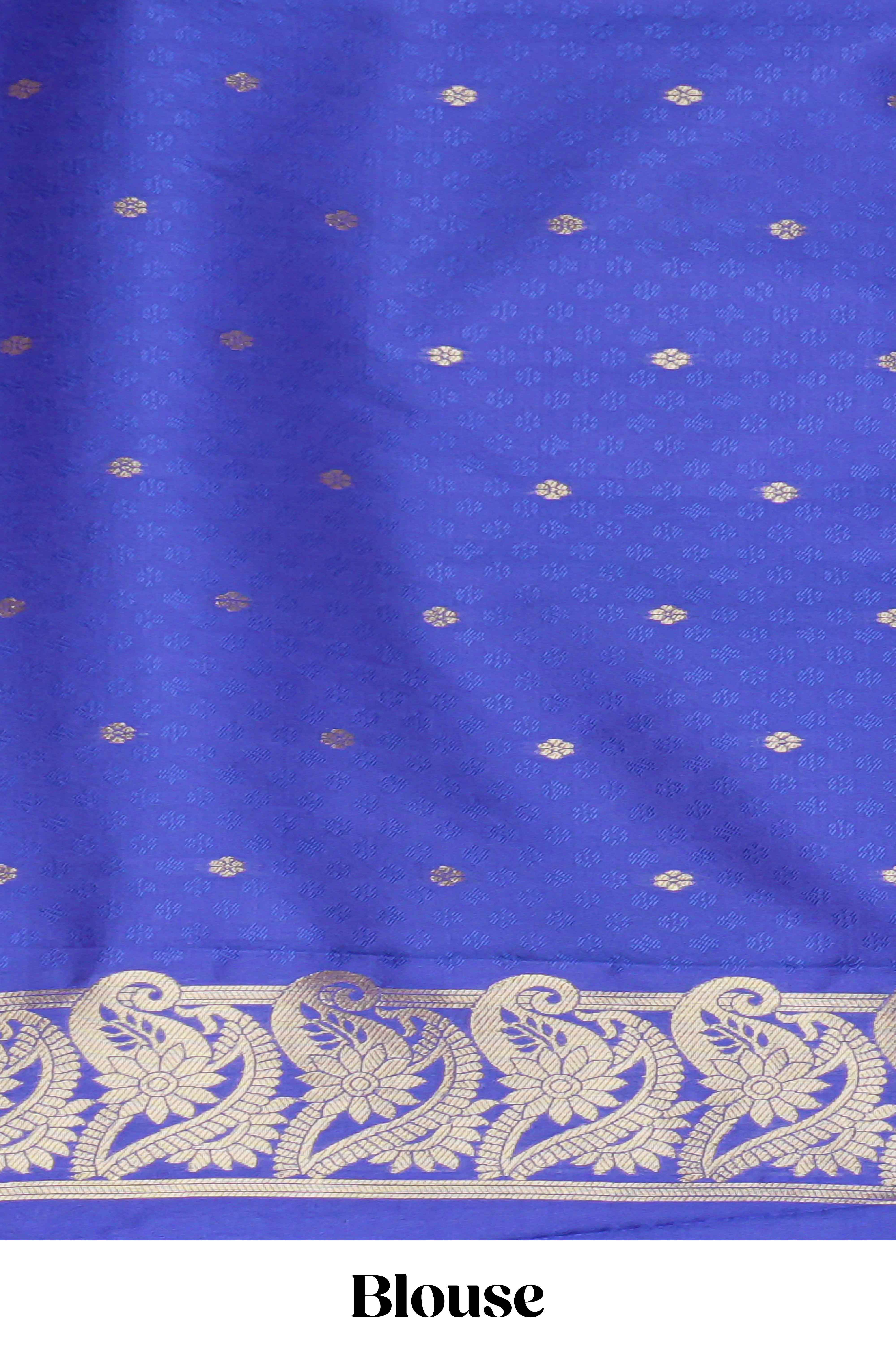 Borderless blue zari checked motifs design kathan silk saree with self zari borders and matching blouse