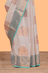 Beige zari motifs design kathan silk saree with contrast zari borders and motifs blouse